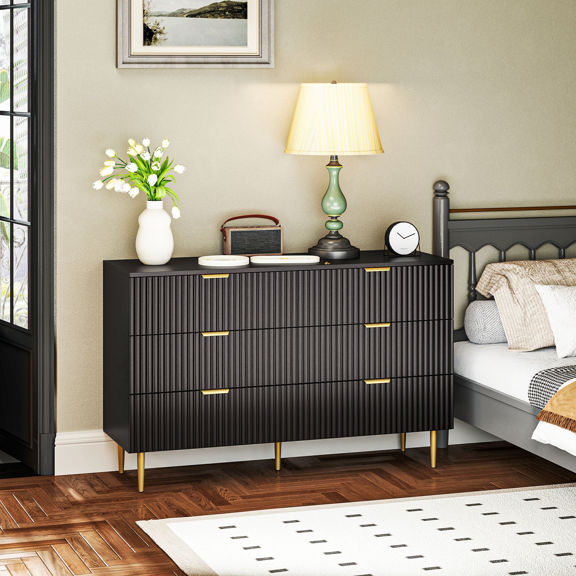 Modern Chest of Drawers 6 Drawer Dresser for Bedroom with Gold Legs and Handles, Black Storage Cabinets Multi Colour at Gallery Canada