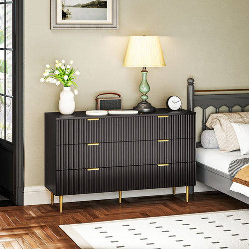 Modern Chest of Drawers 6 Drawer Dresser for Bedroom with Gold Legs and Handles, Black