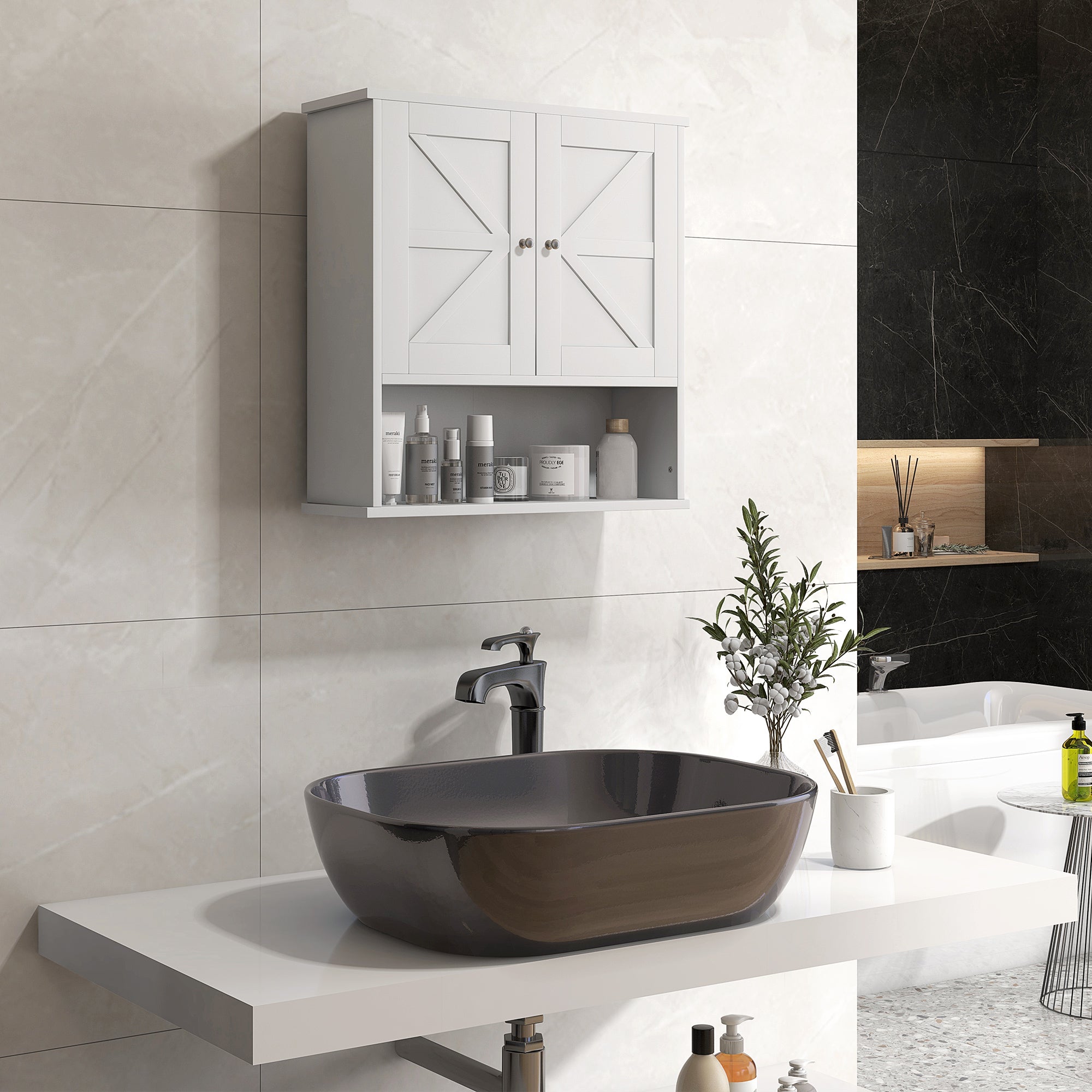 Farmhouse Bathroom Medicine Cabinet, Wall Cabinet with Barn Doors, and Adjustable Shelf for Laundry Room, White Bathroom Cabinets at Gallery Canada