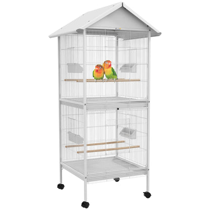 Wrought Metal Bird Cage Feeder with Rolling Stand Perches Food Containers Doors Wheels 67" H, White Bird Cages White  at Gallery Canada