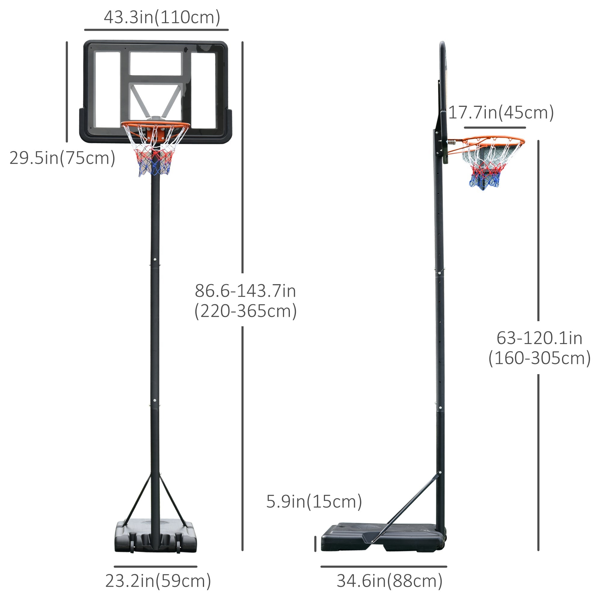 5ft-10ft Height Adjustable Basketball Hoop Stand, Portable Basketball System with Wheels and 45