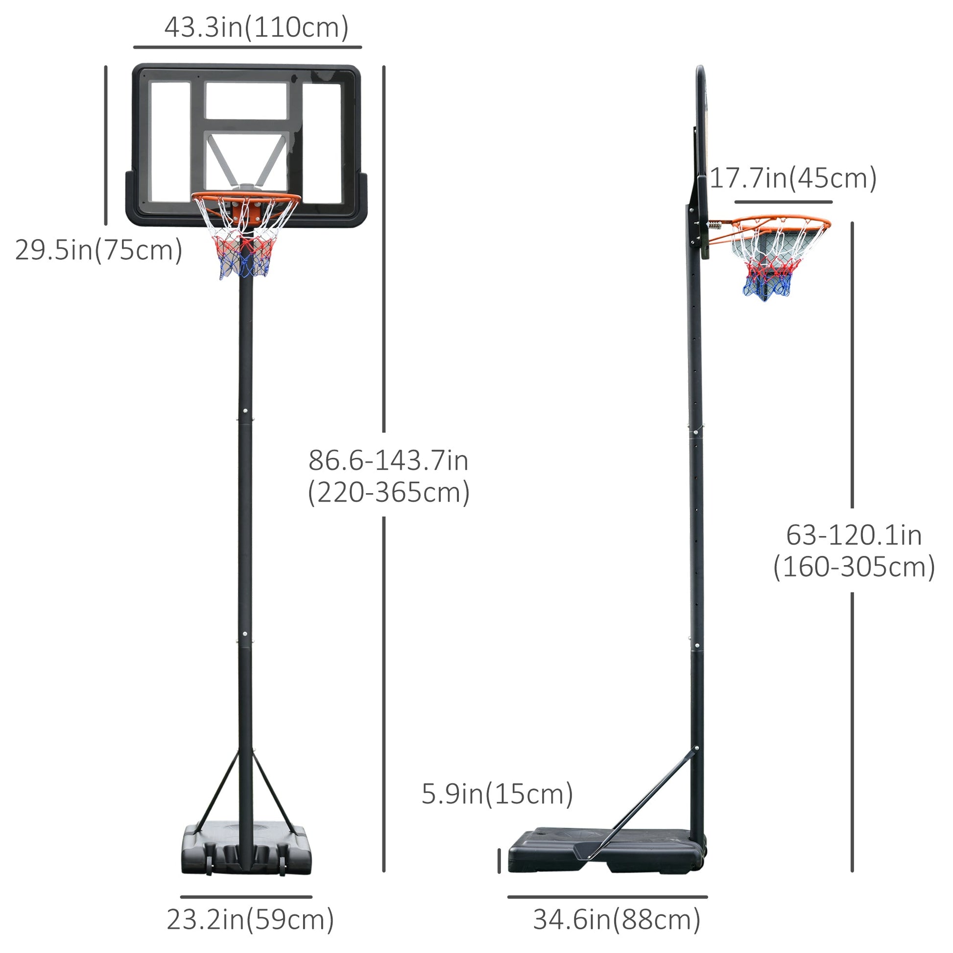 5ft-10ft Height Adjustable Basketball Hoop Stand, Portable Basketball System with Wheels and 45" Backboard for Youth Junior Basketball   at Gallery Canada