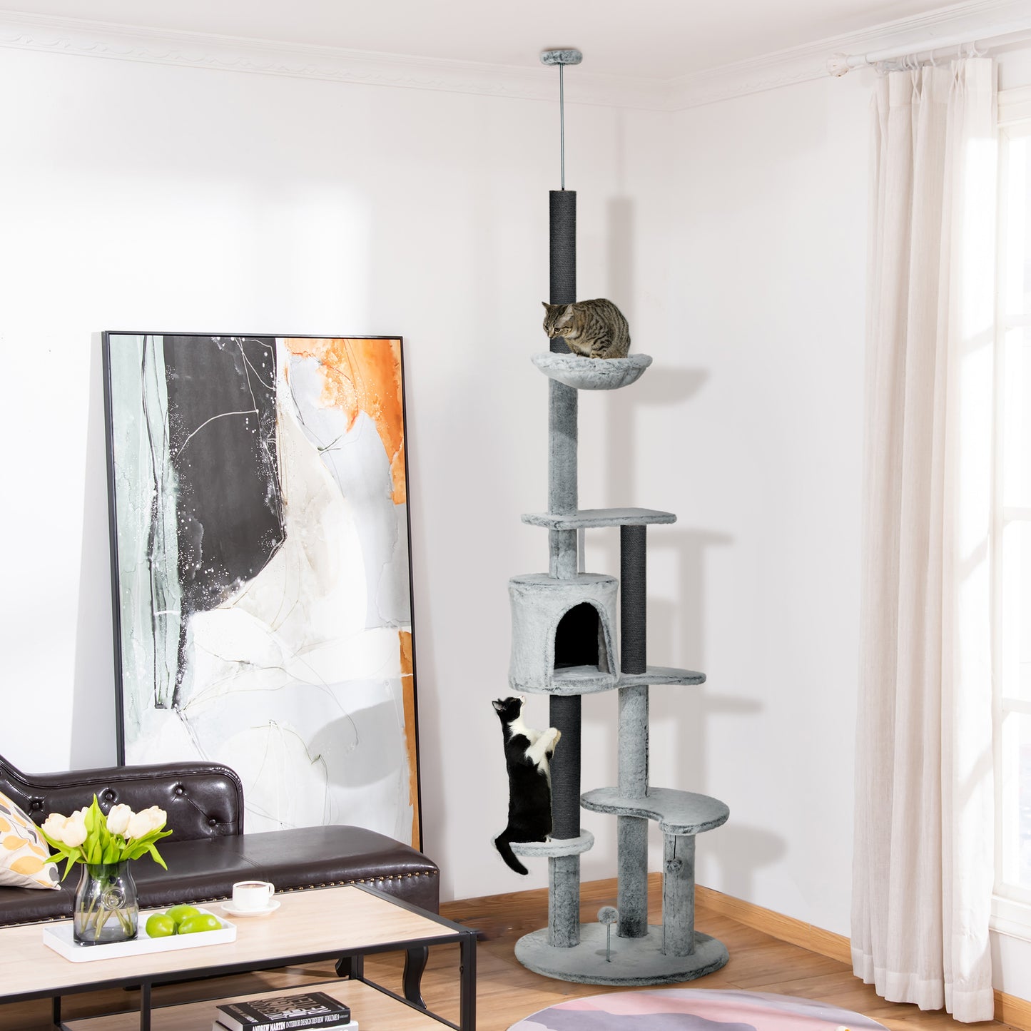 89"-100" Floor to Ceiling Cat Tree w/ Hammock, Scratching Posts, Condo, Perches, Toy Ball, Anti-tip Kit, Grey Floor to Ceiling Cat Trees Grey  at Gallery Canada