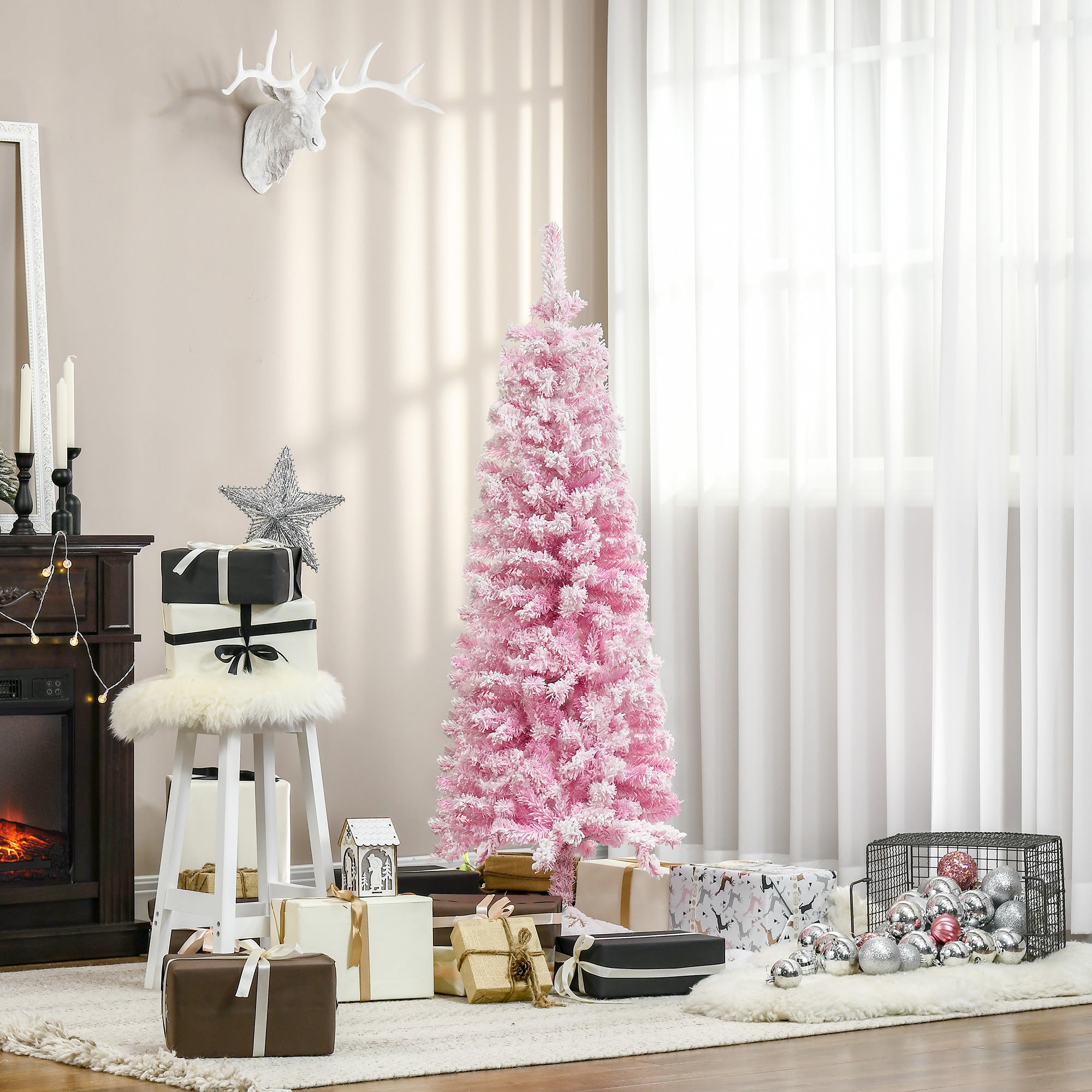 4 ft Flocked Pencil Christmas Tree, Artificial Christmas Tree with Realistic Branches, Auto Open and Steel Base, Pink Pencil Christmas Trees   at Gallery Canada