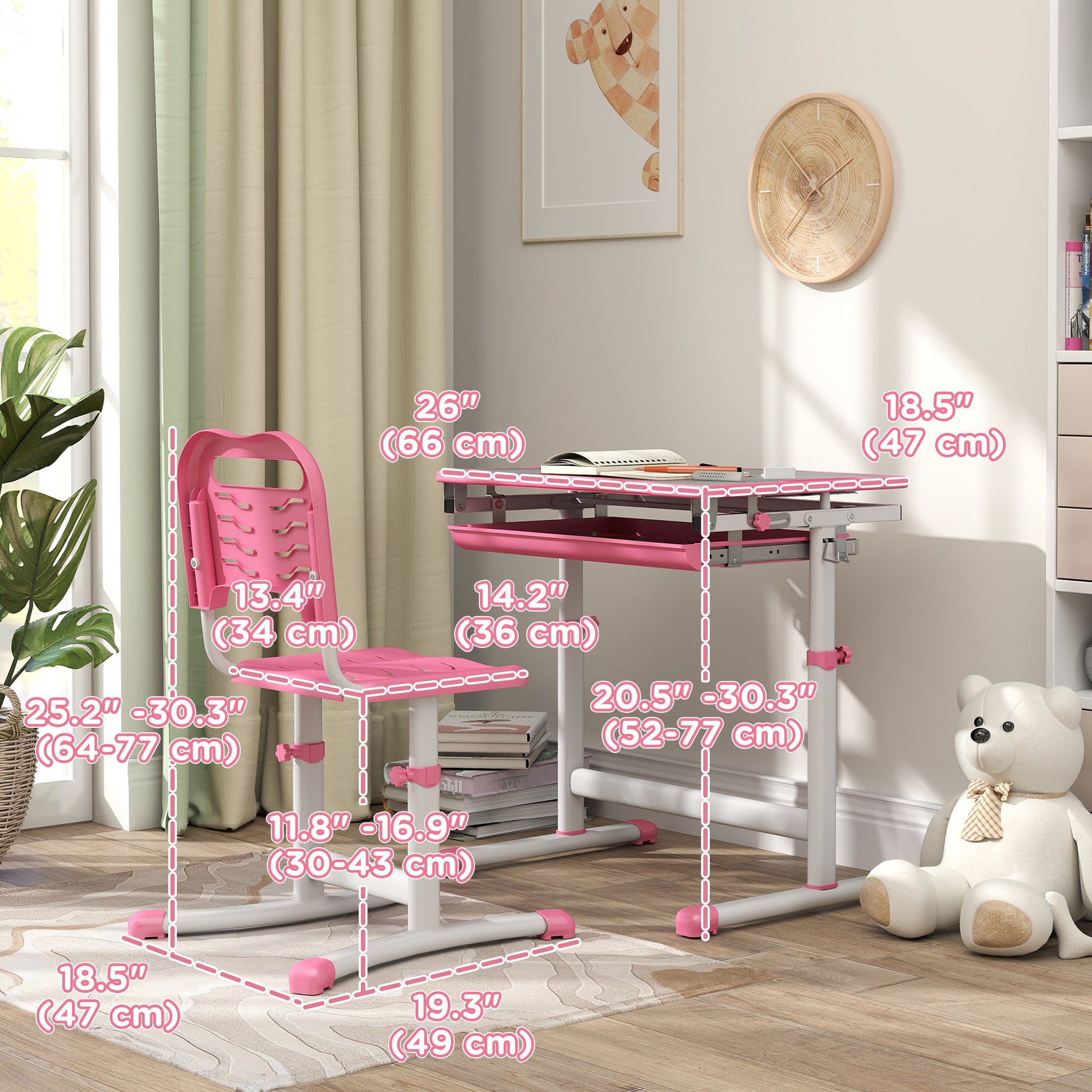 Height Adjustable Study Table and Chair Set with Drawer, Pen Slot, Tiltable Desktop, Hook, Pink Kids Desk Sets   at Gallery Canada