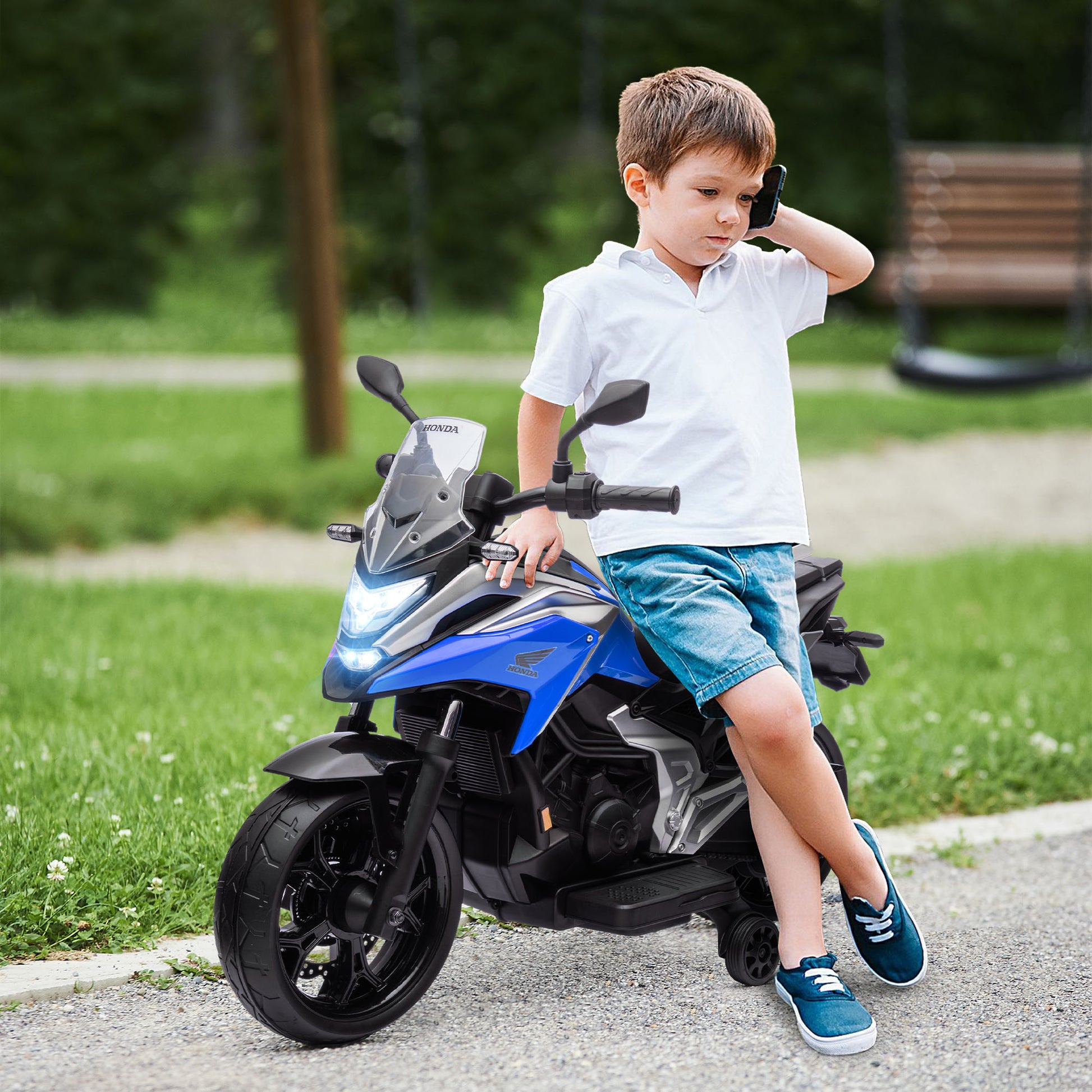 Honda Licensed 12V Ride on Motorbike for Kids with Headlights Music Training Wheels, for 3-6 Years, Blue Electric Motorcycles Blue  at Gallery Canada