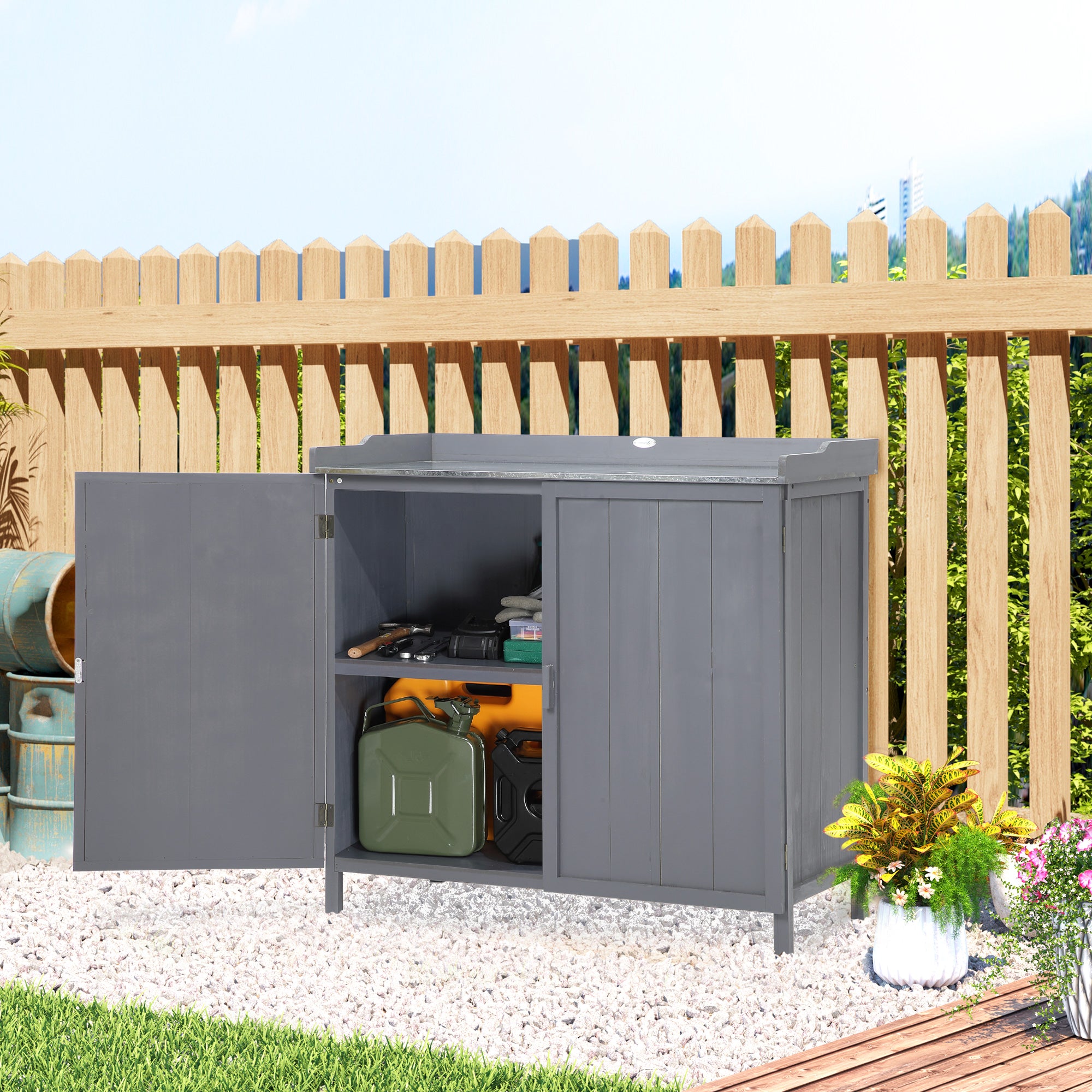 Garden Storage Cabinet, Outdoor Potting Bench Table with Galvanized Top and Shelf, Tool Shed with Double Doors, Grey Sheds at Gallery Canada