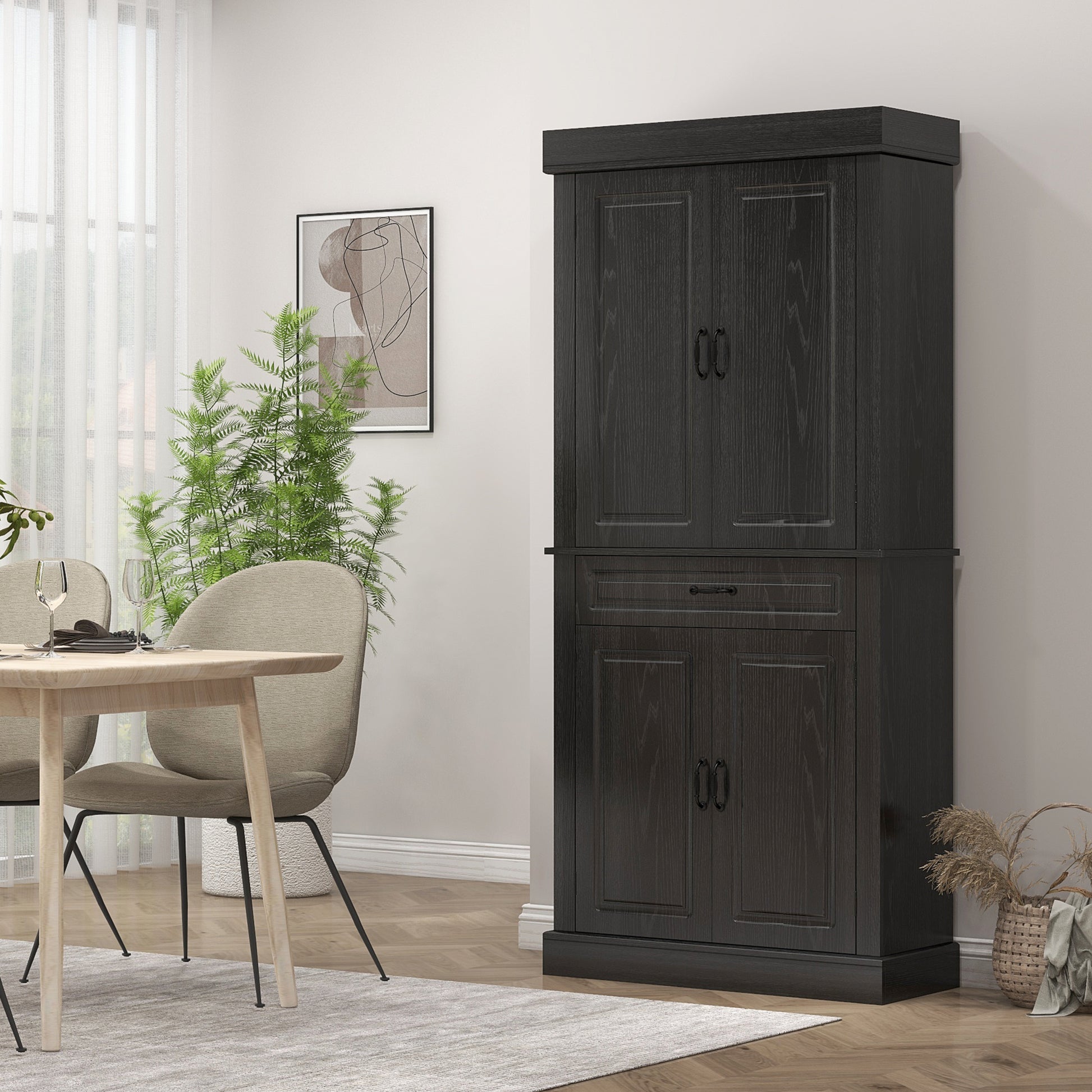 71" Freestanding Kitchen Pantry with 4 Doors and 2 Cabinets, Tall Storage Cabinet for Kitchen, Distressed Black Kitchen Pantry Cabinets   at Gallery Canada