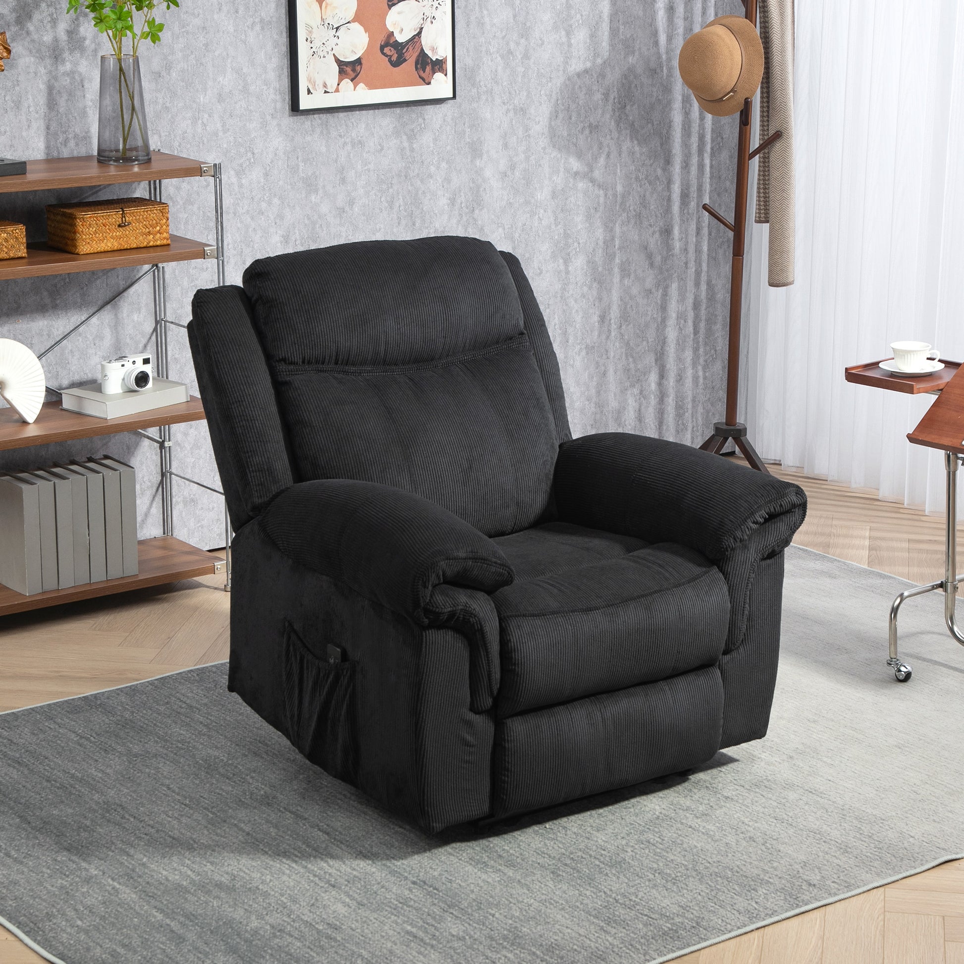 Manual Recliner Chair with Vibration Massage, Side Pockets, Corduroy Reclining Chair for Living Room, Black Sofas & Reclining Chairs at Gallery Canada