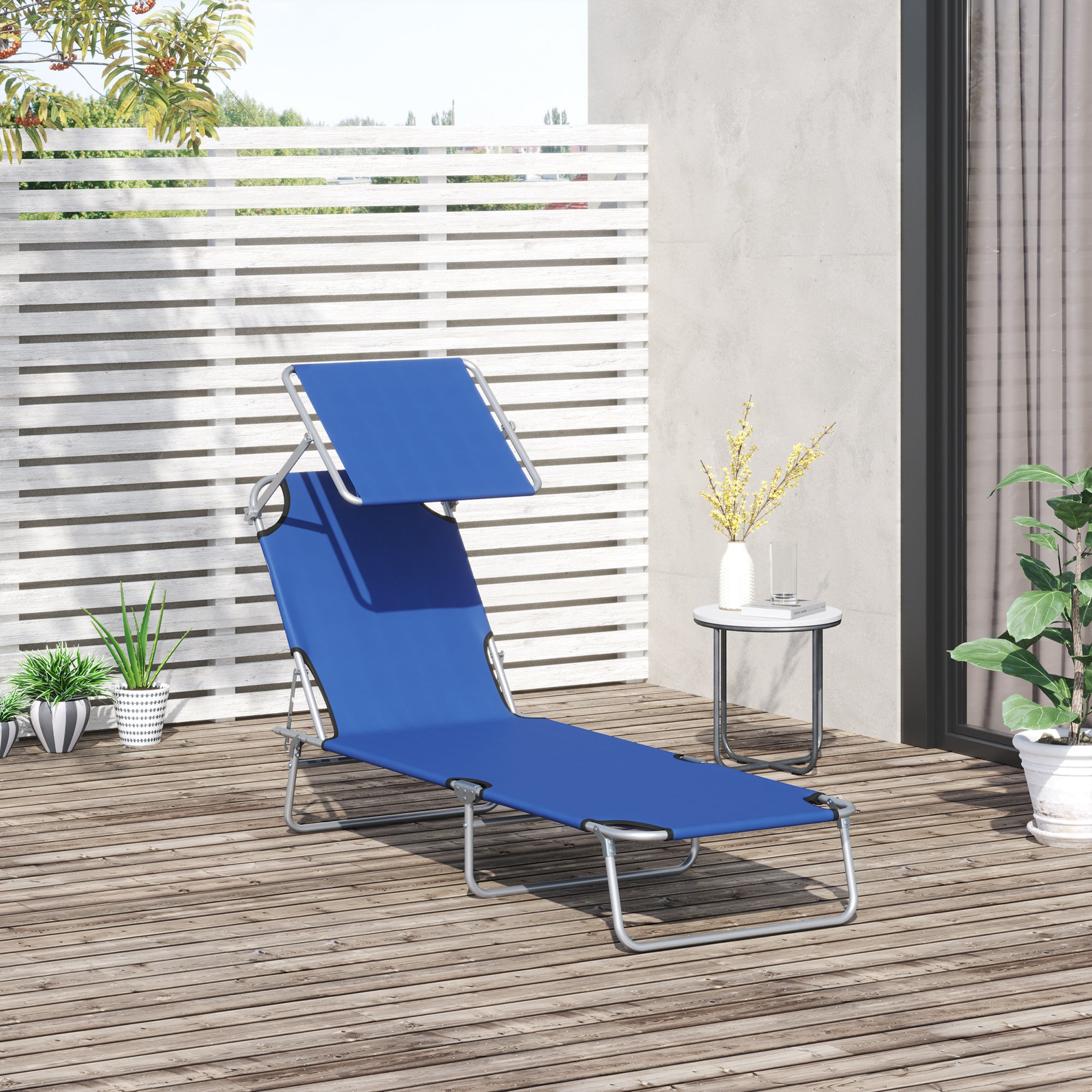 Outdoor Lounge Chair, Adjustable Folding Chaise Lounge, Tanning Chair with Sun Shade for Beach, Camping, Hiking, Backyard, Blue Lounger Chairs Blue  at Gallery Canada