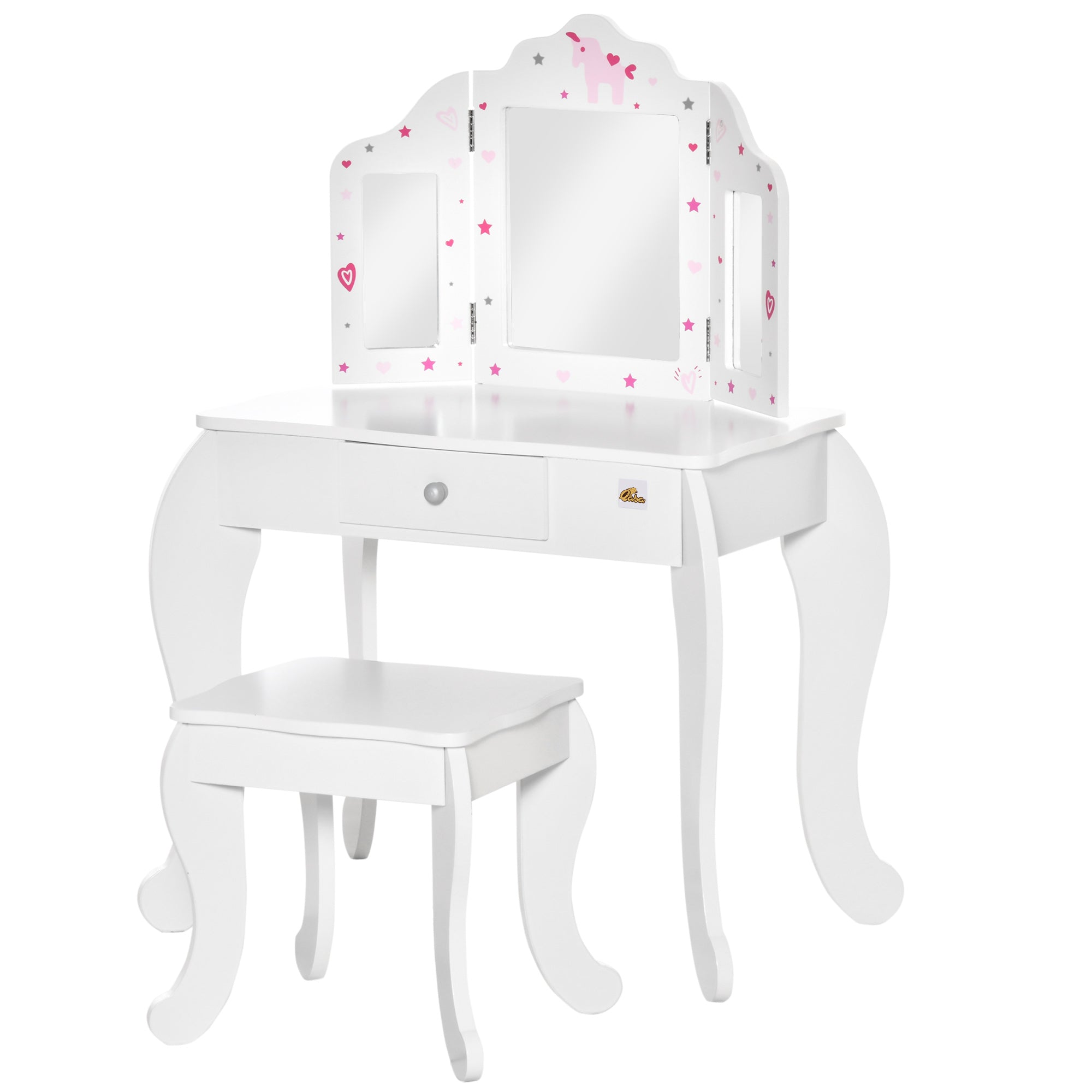 Kids Vanity Table and Stool, Makeup Vanity Girls Dressing Table Set with Tri-folding Mirrors Drawer Star and Heart Pattern, White Kids Bedroom Furniture at Gallery Canada