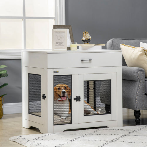 Dog Crate Furniture with Cushion, 2 Doors, Storage, Dog Kennel End Table for Small Medium Dogs, White