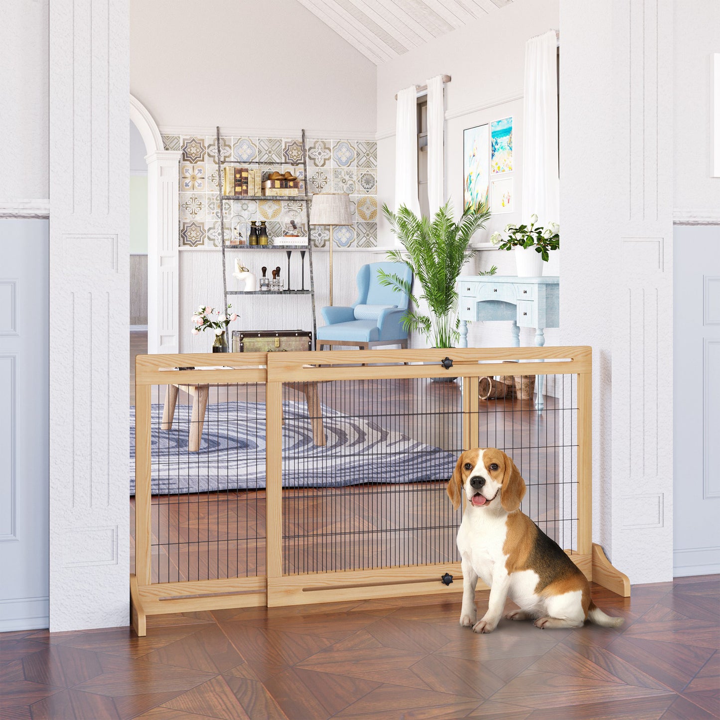 41"-72" Wooden Freestanding Pet Gate with Support Feet, for Small Medium Dogs, Natural Houses, Kennels & Pens   at Gallery Canada