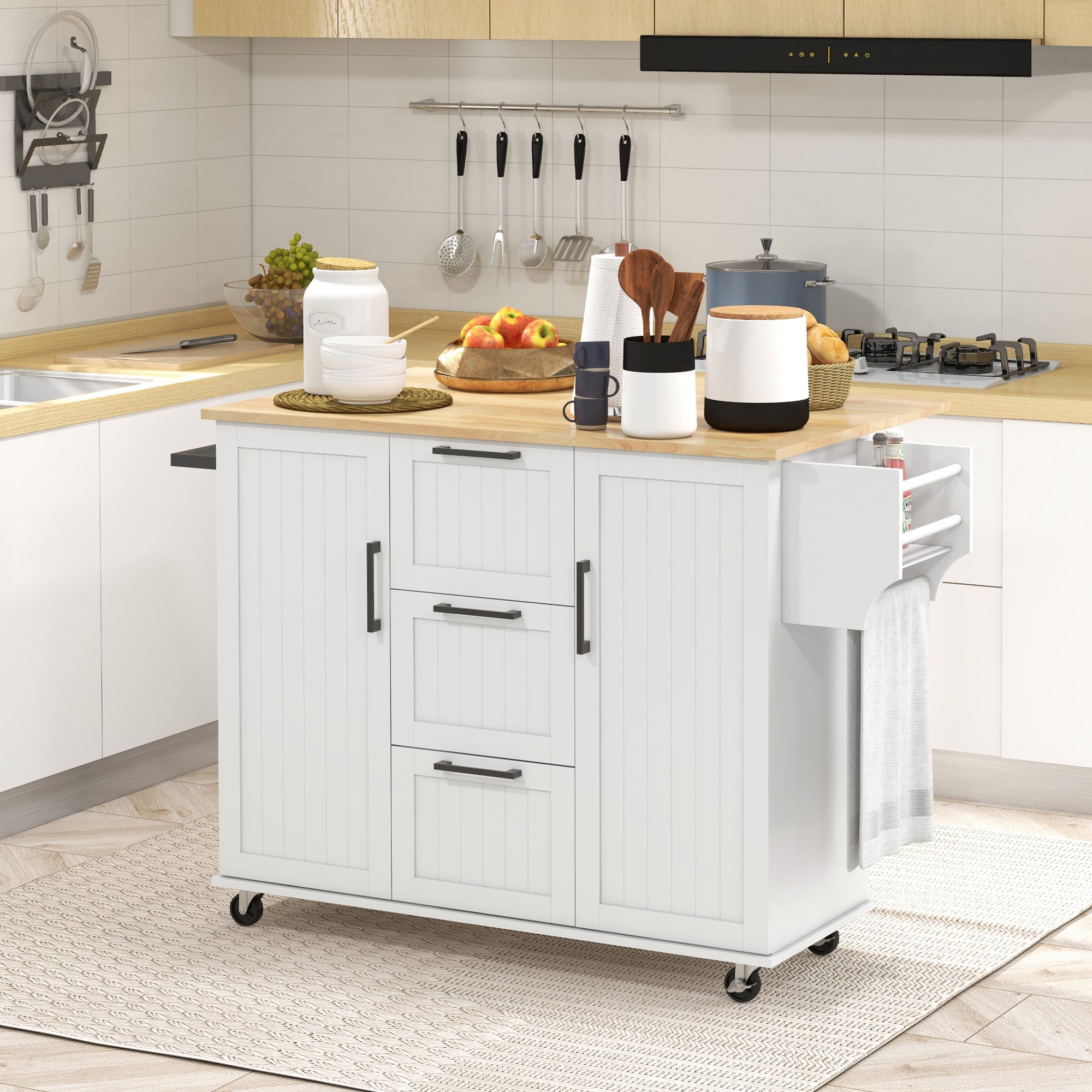 Rolling Kitchen Cart on Wheels with Drop Leaf, Kitchen Island with 3 Drawers, Solid Wood Top and Towel Rack, White Kitchen Islands & Kitchen Carts at Gallery Canada