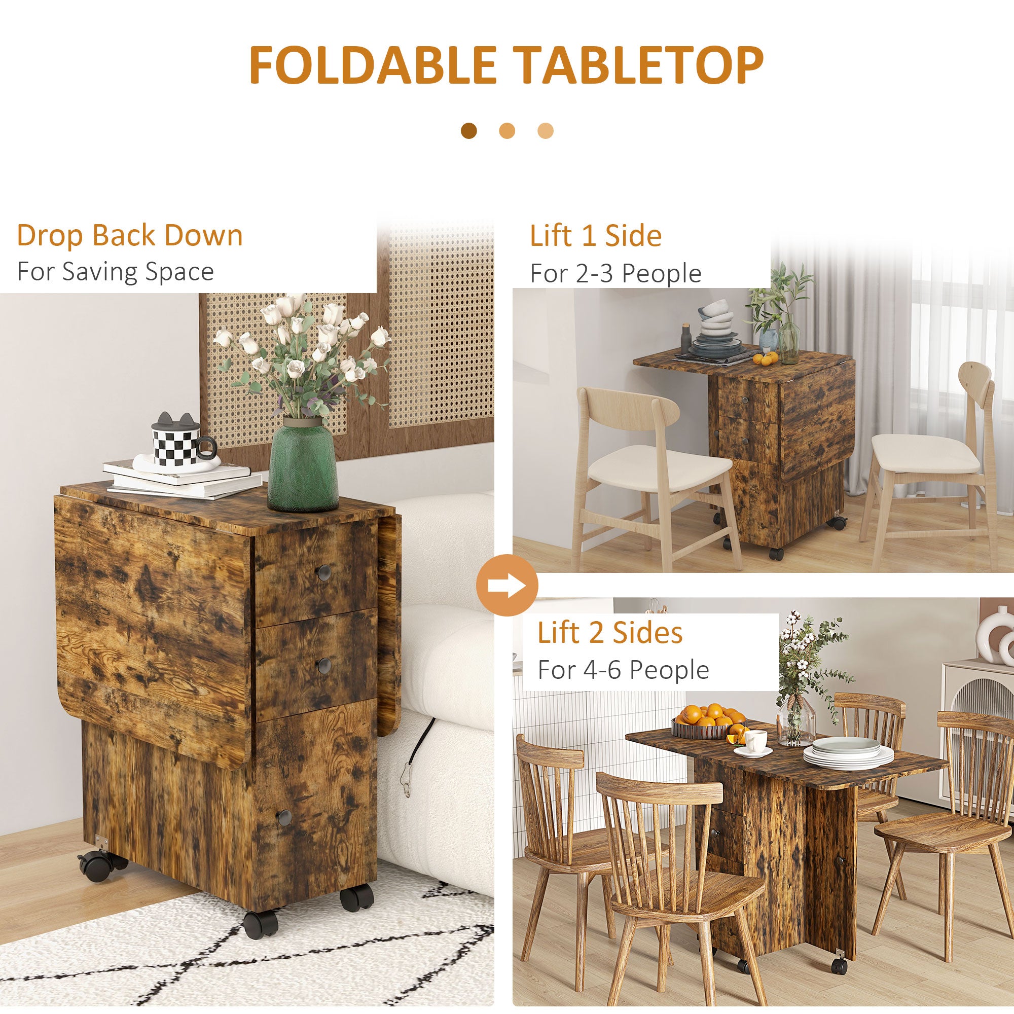 Drop Leaf Dining Table, Mobile Folding Table on Wheels with Drawers and Cabinet for Dining Room, Kitchen, Rustic Brown Bar Tables & Dining Tables   at Gallery Canada