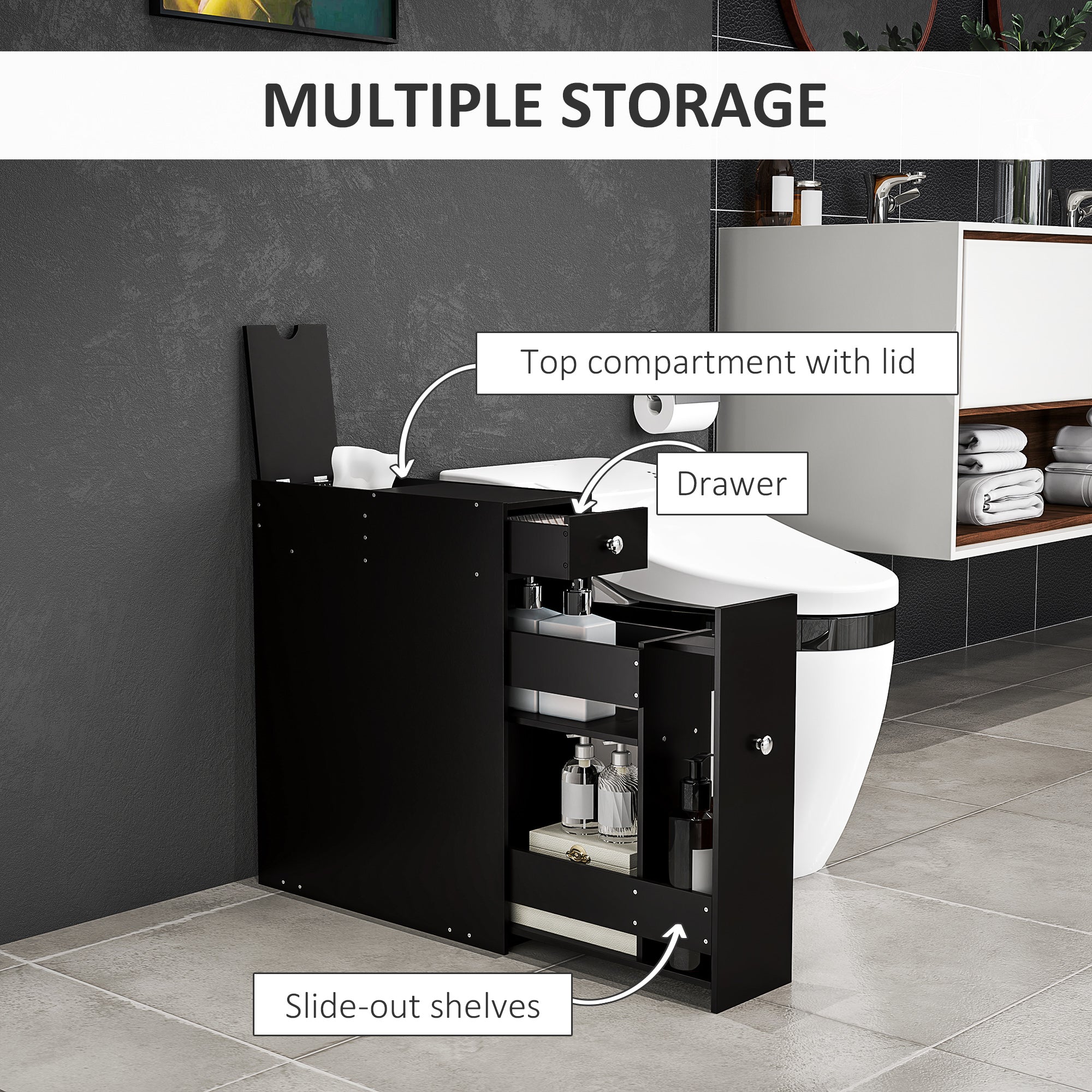 Space Saving Toilet Paper Cabinet, Narrow Bathroom Cabinet with Drawers and Hidden Storage, Black Bathroom Cabinets at Gallery Canada