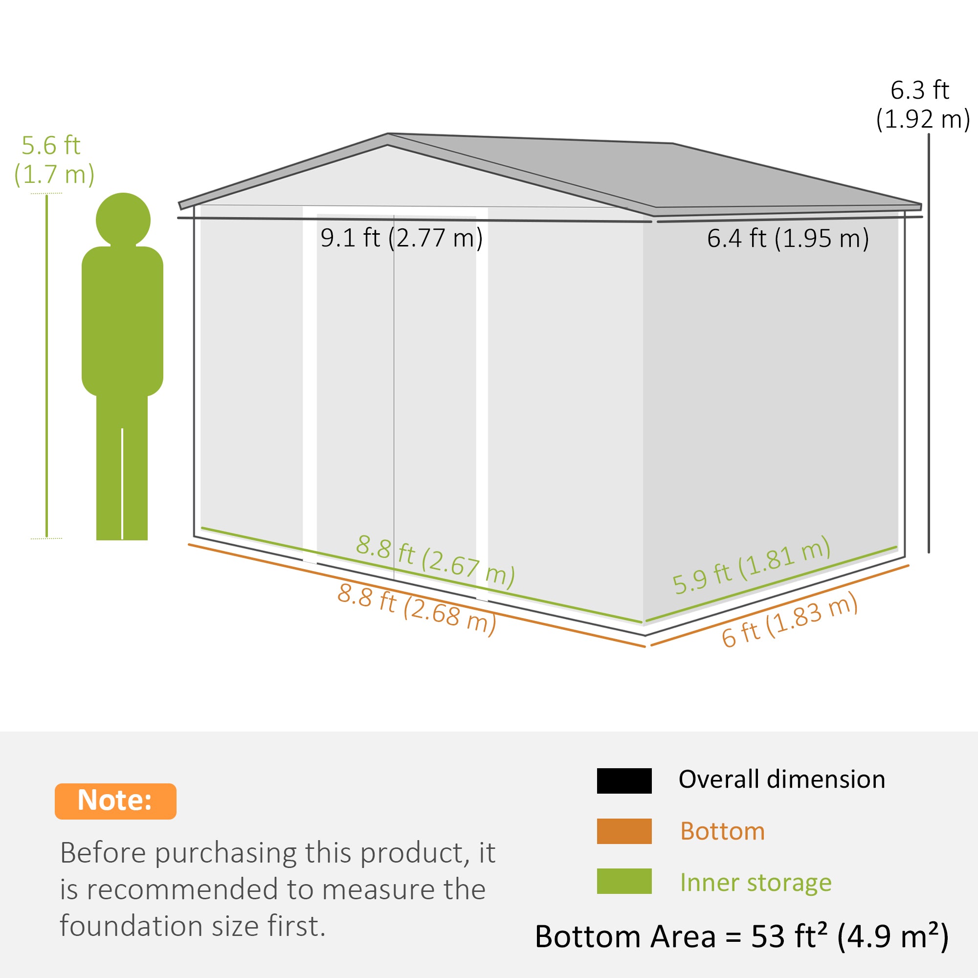 9.1'x6.4'x6.3' Garden Storage Shed w/ Foundation Kit Metal Tool Storage House w/ Double Doors Light Green Sheds at Gallery Canada