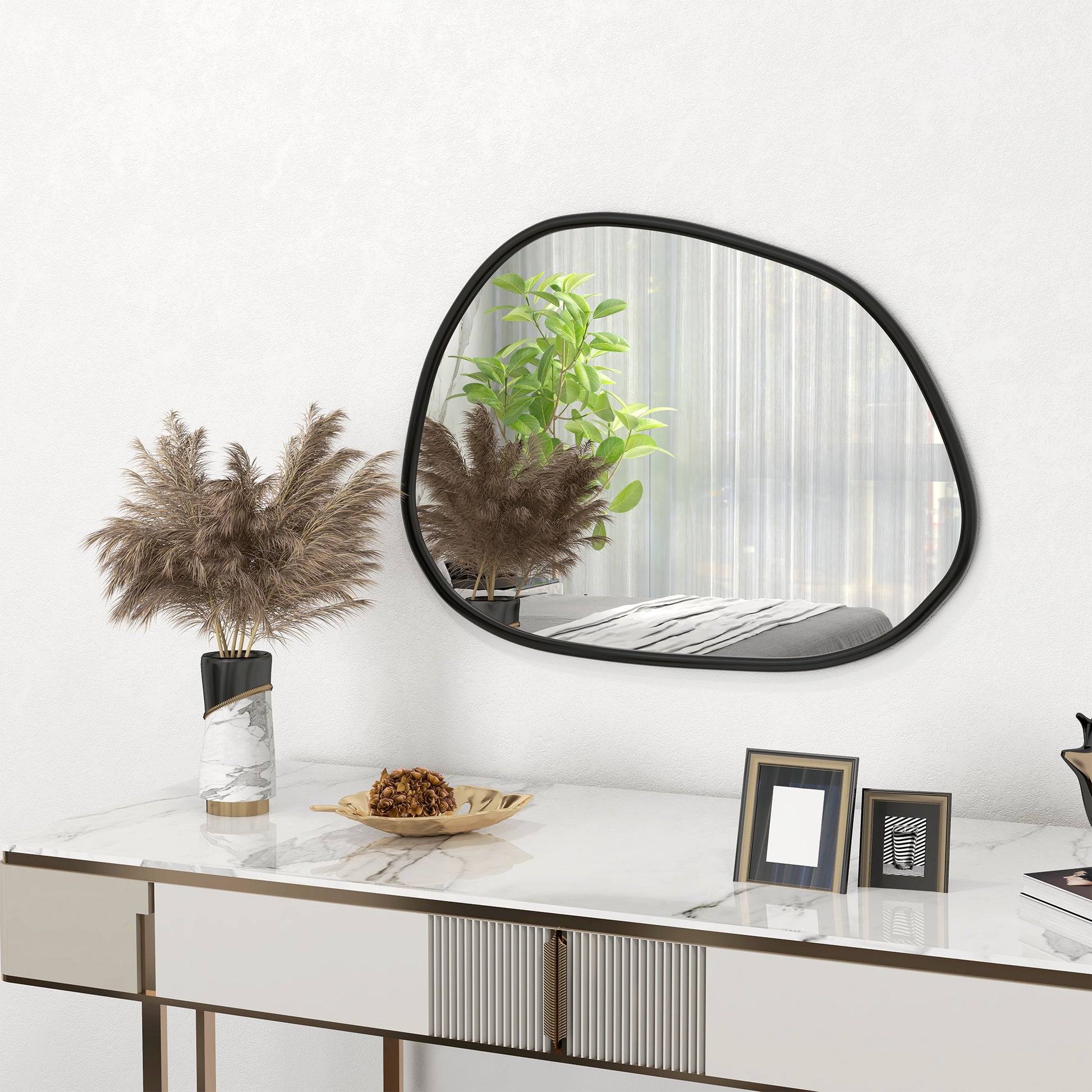 31.5" x 23.5" Irregular Mirror, Decorative Vanity Mirror with Pine Wood Frame for Bathroom, Living Room, Bedroom, Black Wall Mirrors   at Gallery Canada