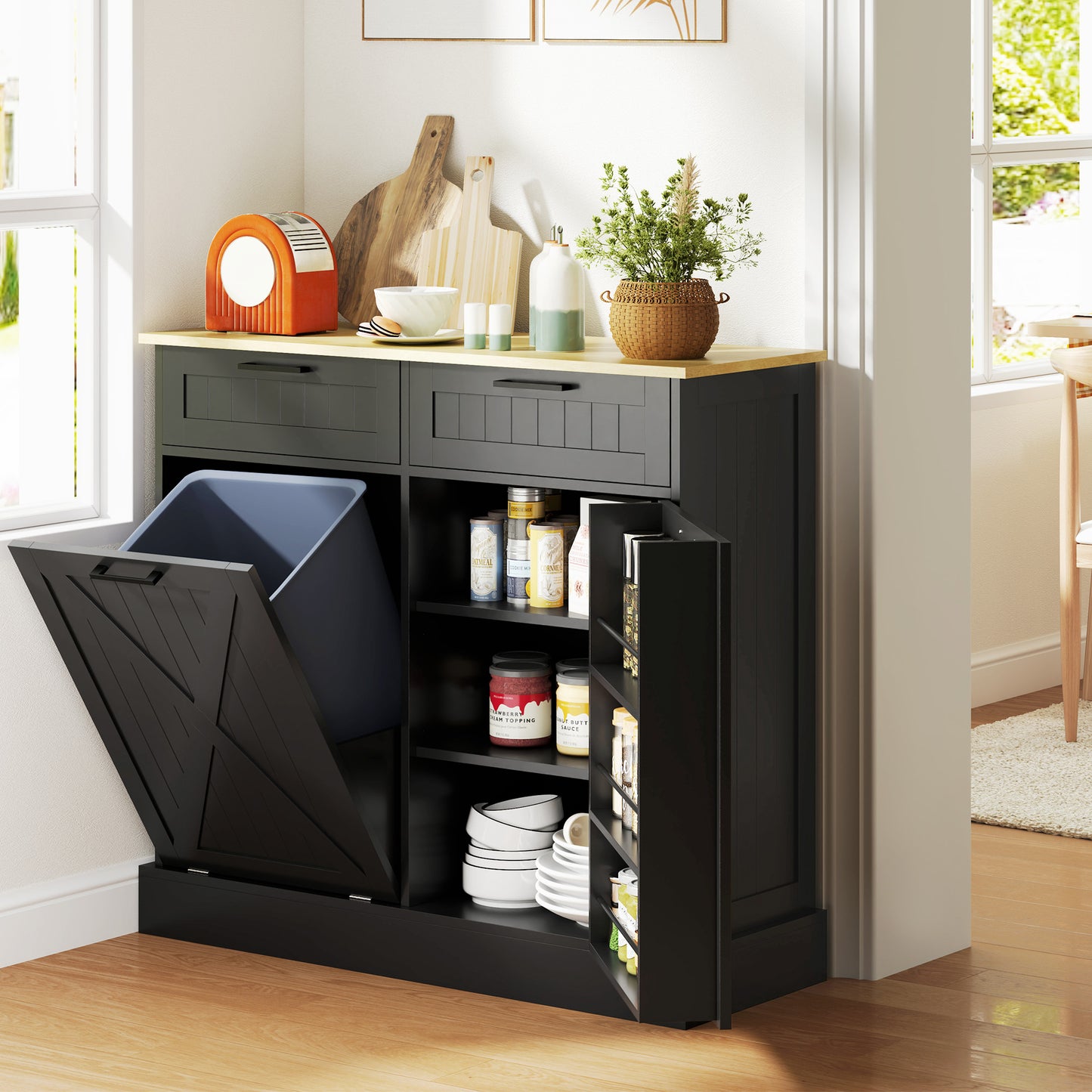 Hidden Garbage Bin Cabinet, Tilt Out Trash Cabinet w/ 2 Drawers, Freestanding Kitchen Island for Laundry, Black Bar Cabinets Multi Colour  at Gallery Canada