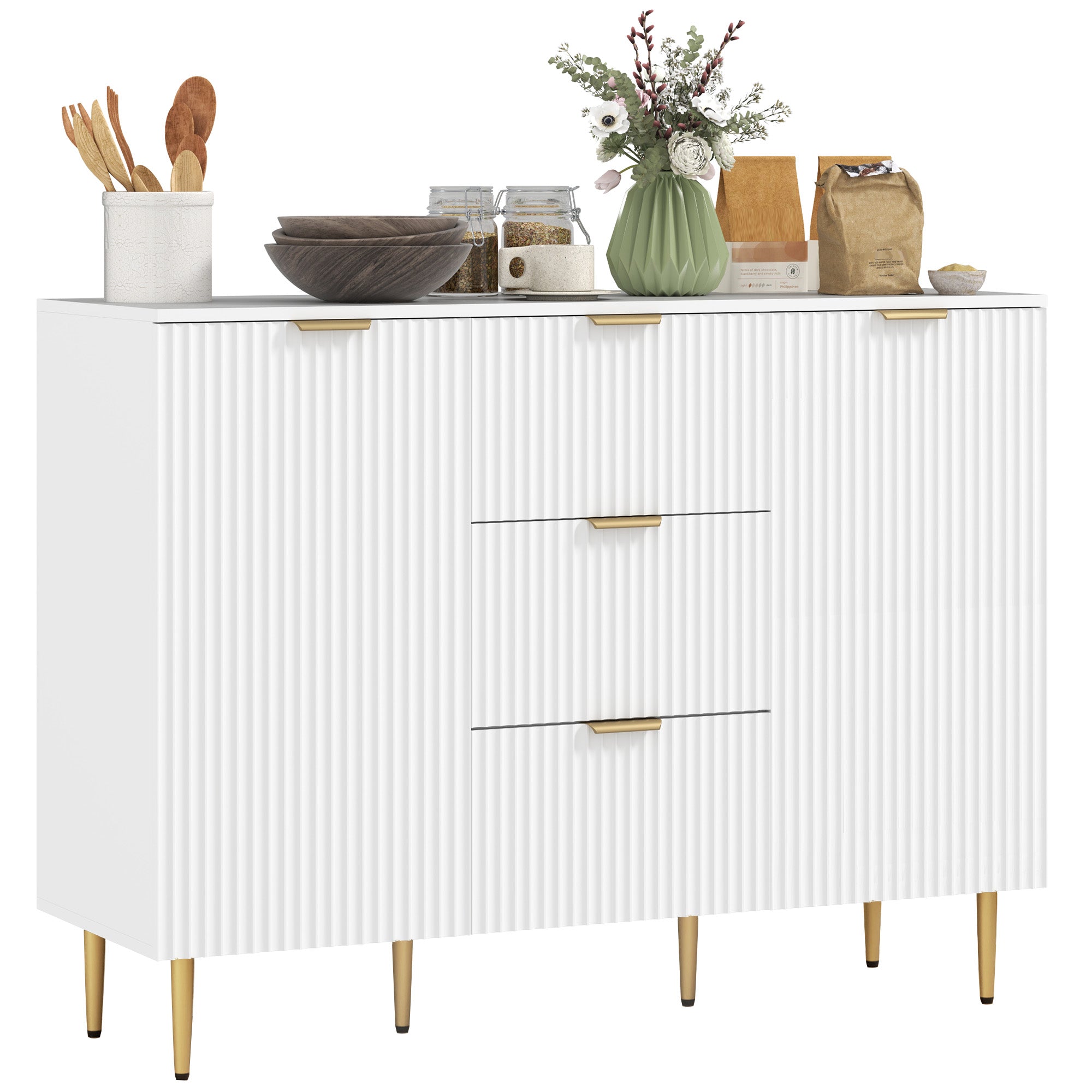 Modern Kitchen Storage Cabinet, Sideboard Buffet Cabinet w/ 3 Drawers and Adjustable Shelves for Kitchen Hallway, White Bar Cabinets   at Gallery Canada