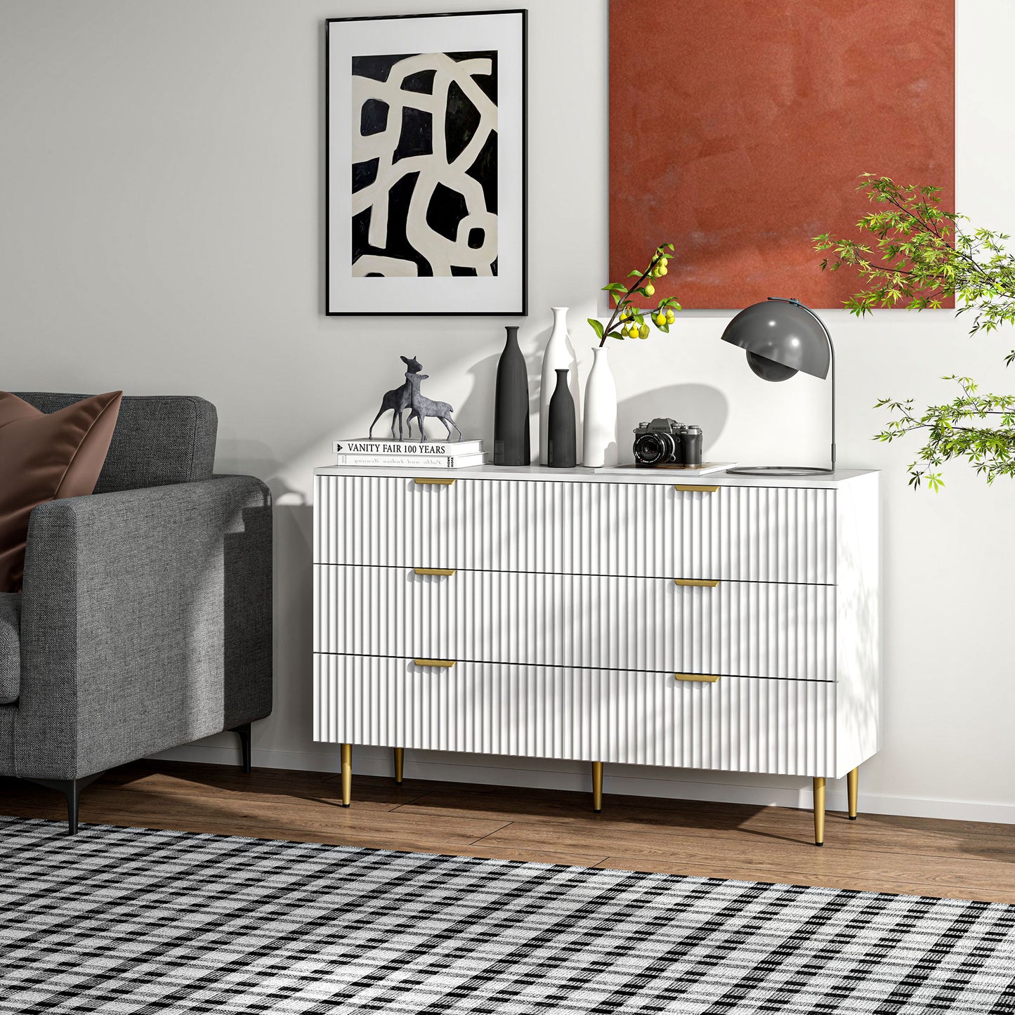 Modern Chest of Drawers 6 Drawer Dresser for Bedroom with Gold Legs and Handles, White Storage Cabinets at Gallery Canada