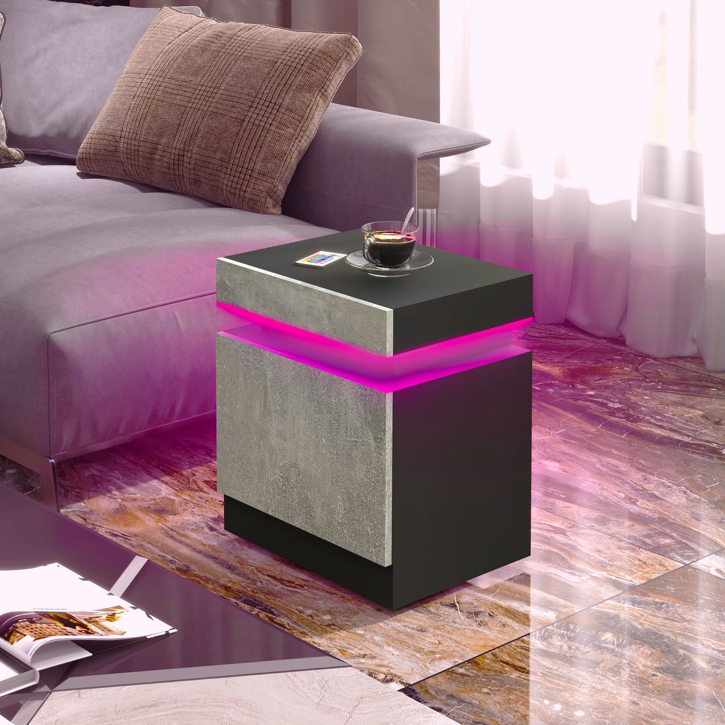 High Gloss Nightstand, Bedside Table with LED Lights and 2 Drawers for Bedroom, Living Room, Grey Bedside Tables   at Gallery Canada