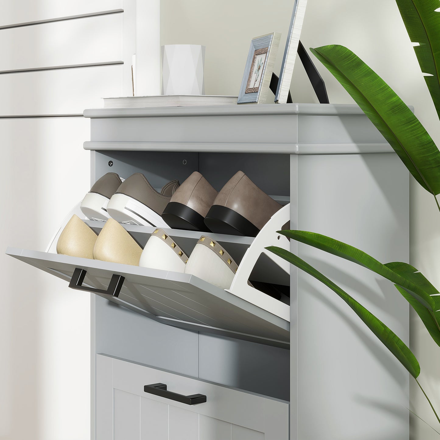 Shoe Storage Cabinet with 2 Flip Drawers and Adjustable Shelves, Narrow Shoe Cabinet for 10 Pairs of Shoes, Grey