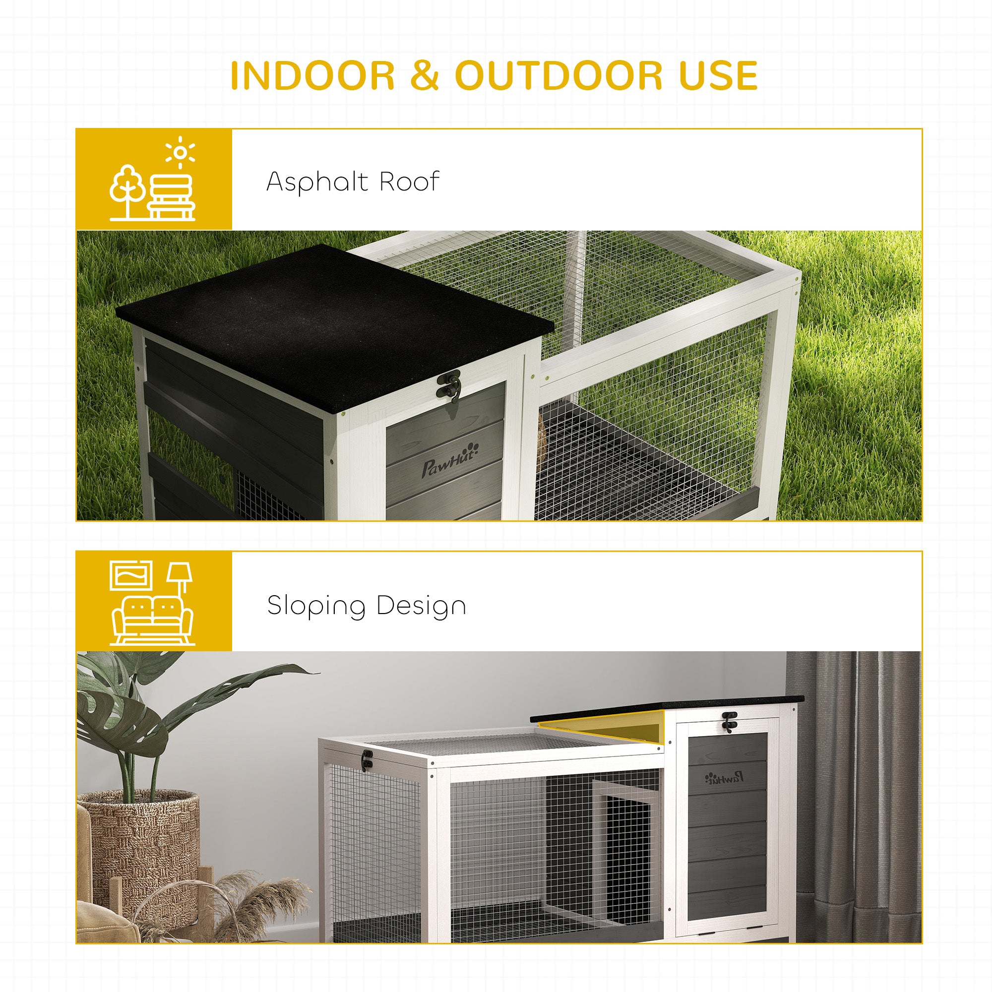 Wooden Rabbit Hutch with Pull-Out Tray, Asphalt Openable Roof, Small Animal Cage on Wheels with Run, Grey Rabbit Hutch at Gallery Canada