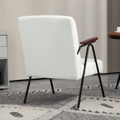 Modern Armchair, Upholstered Teddy Fleece Accent Chair with Wood Arms and Steel Frame for Living Room, Bedroom, White Accent Chairs   at Gallery Canada