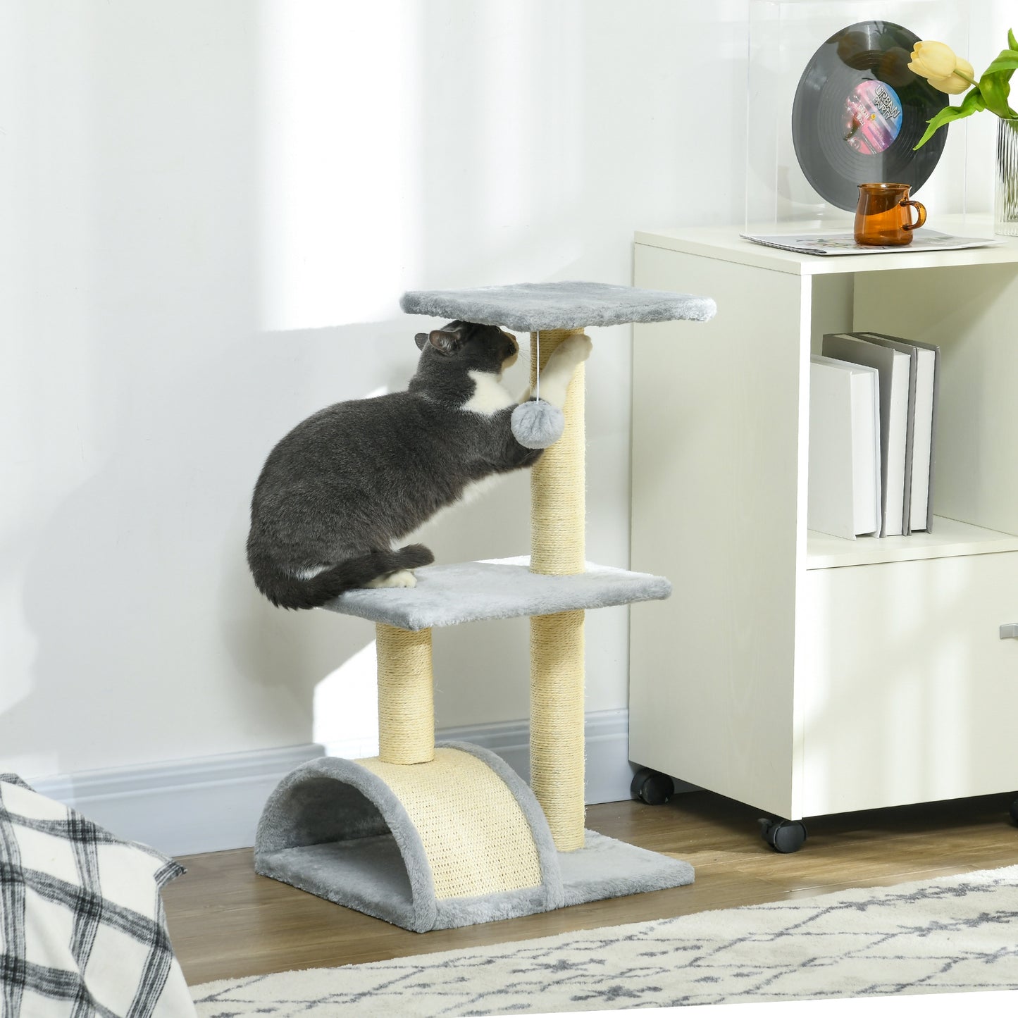 28" Cat Tree with Scratching Post, Pad, Toy Ball for Indoor Cats, Light Grey Cat Posts Multi Colour  at Gallery Canada