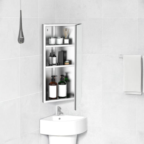Wall mounted Bathroom Corner Mirror Storage Cabinet Stainless Steel with Single Door