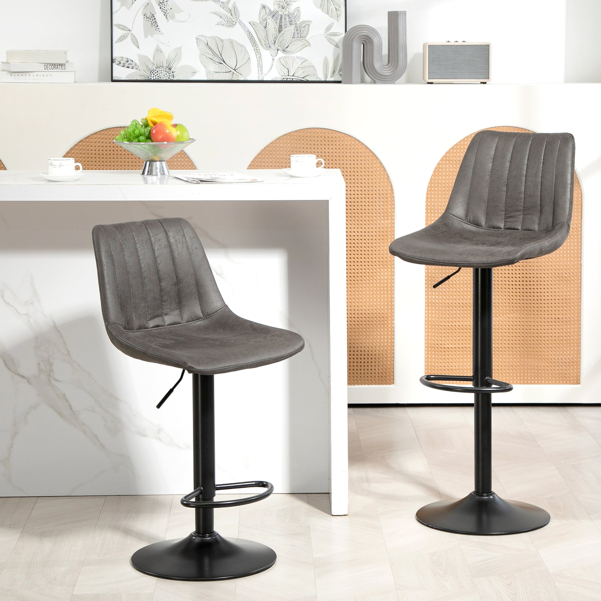 Counter Height Bar Stools Set of 2, Adjustable Height Bar Chairs with Swivel Seat, Leathaire Upholstery Bar Stools Dark Grey  at Gallery Canada