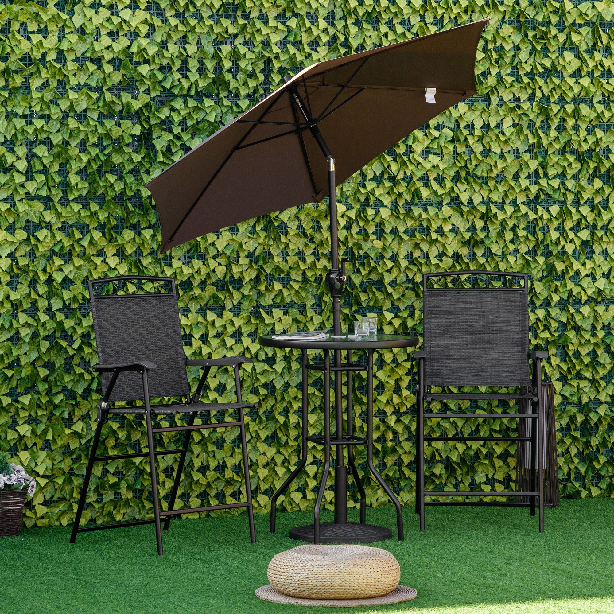 4 Piece Patio Bar Set, Sling Folding Outdoor Furniture with Brown Umbrella for Poolside, Backyard and Garden, Black Bistro Sets at Gallery Canada