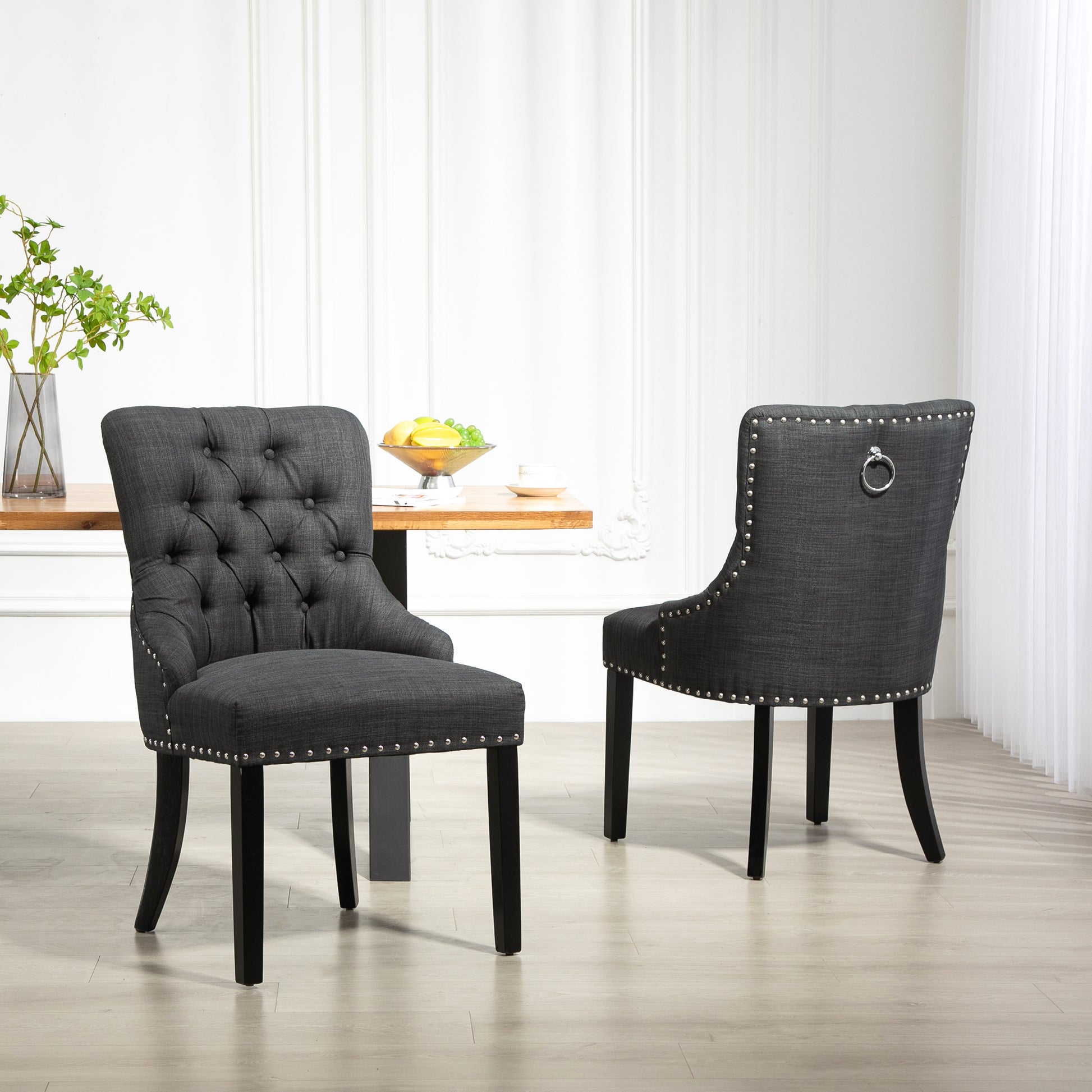 Swoop Air Linen Fabric Dining Chair Set of 2 with Nailhead Trim and Wood Legs Dark Grey Dining Chairs   at Gallery Canada