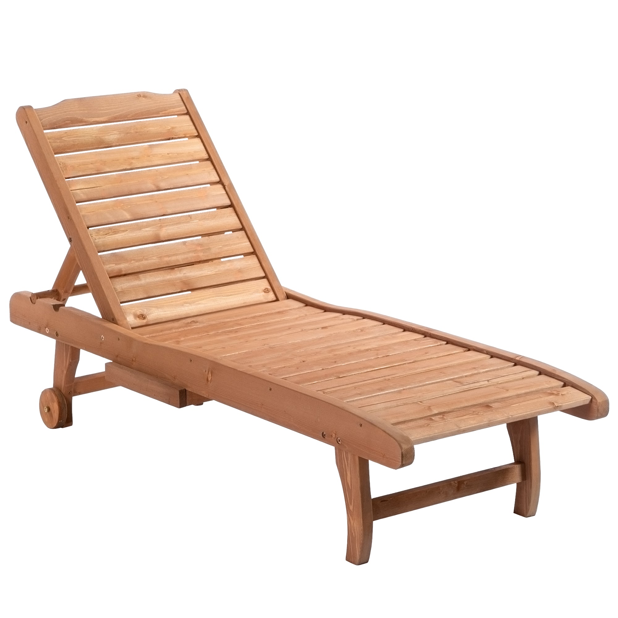 Wooden Outdoor Lounge Chair, Adjustable Patio Outdoor Chaise Recliner Garden Furniture, Tanning Chair with Pull-out Tray and 2 Wheels, Brown Chaise Loungers   at Gallery Canada