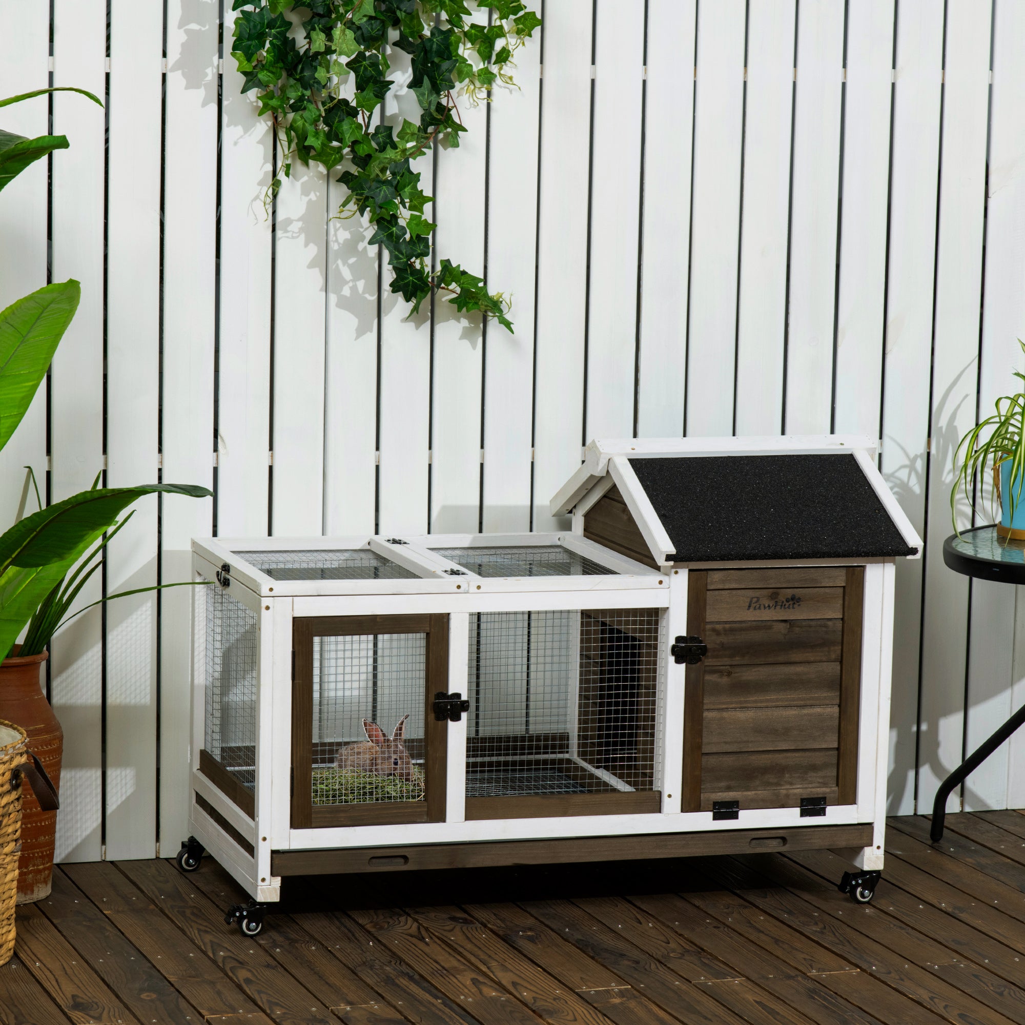 Rabbit Cage with Wheels, Ramp, Run, Tray for Indoor Outdoor, Suitable for Rabbit, Guinea Pig, Coffee Rabbit Hutch at Gallery Canada