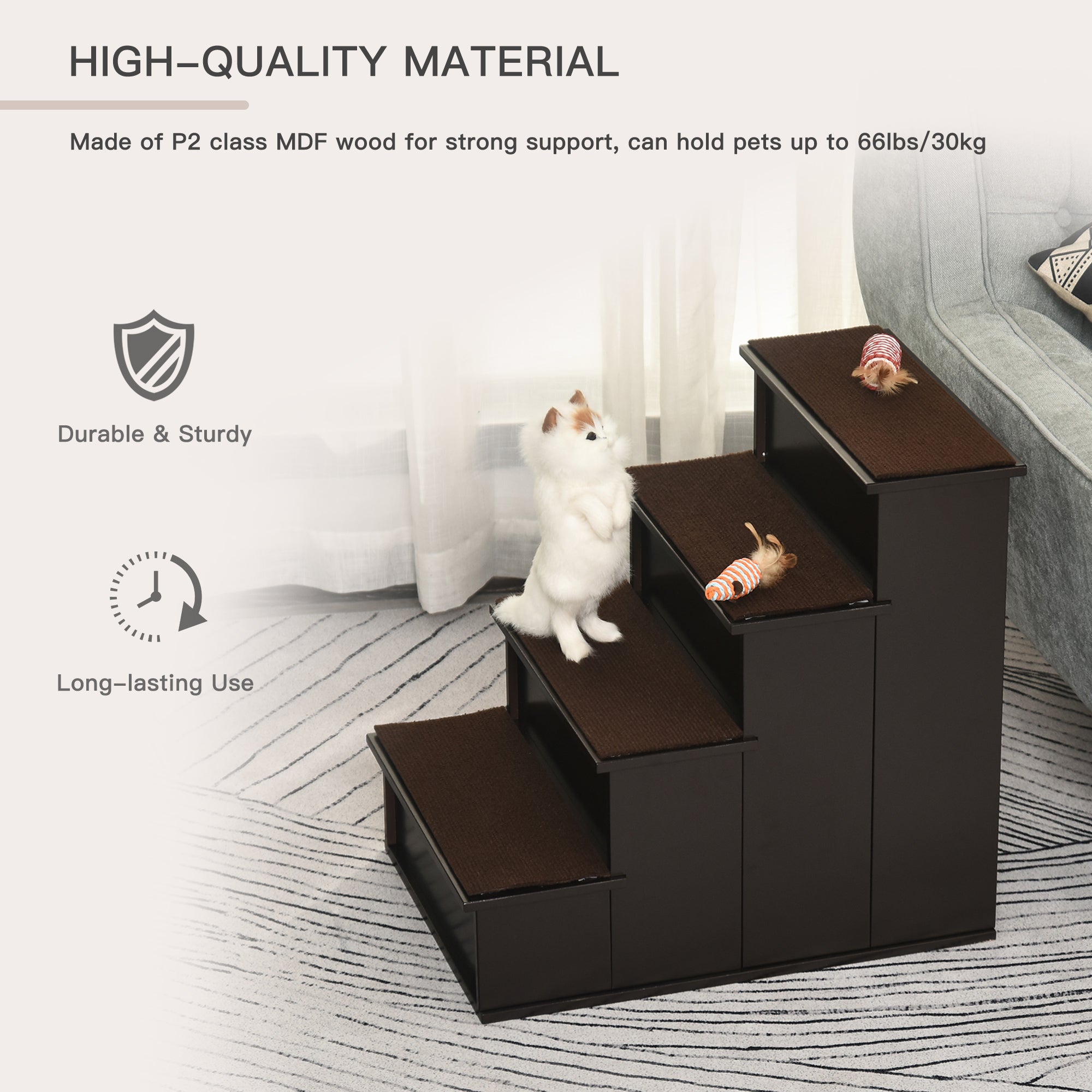 4 Levels Wooden Dog Steps Pet Stairs for High Bed, Cat Ladder for Bed Couch with Non-Slip Carpet, Dark Coffee Dog Stairs   at Gallery Canada