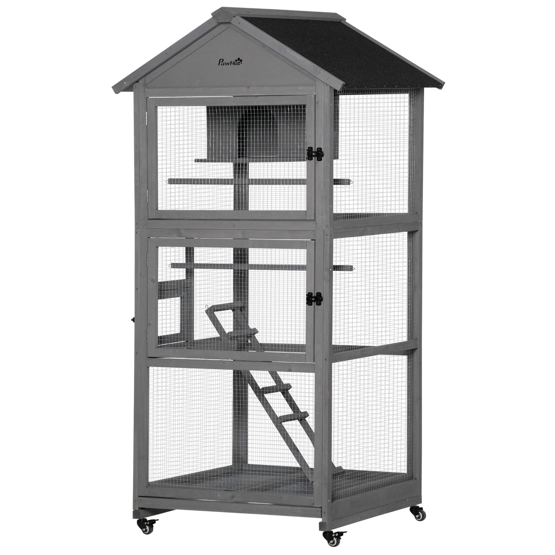 71" Bird Cage Large Mobile Wooden Aviary for Canary Cockatiel with Wheel Perch Nest Ladder Slide-out Tray for Indoor Outdoor Dark Grey Bird Cages Orange and Green  at Gallery Canada