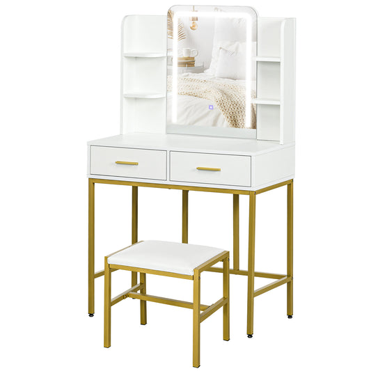 Makeup Vanity Desk Set with LED Lighting Mirror, Stool, Drawers, Shelves, Dressing Table for Bedroom, White Dressing & Vanity Tables   at Gallery Canada