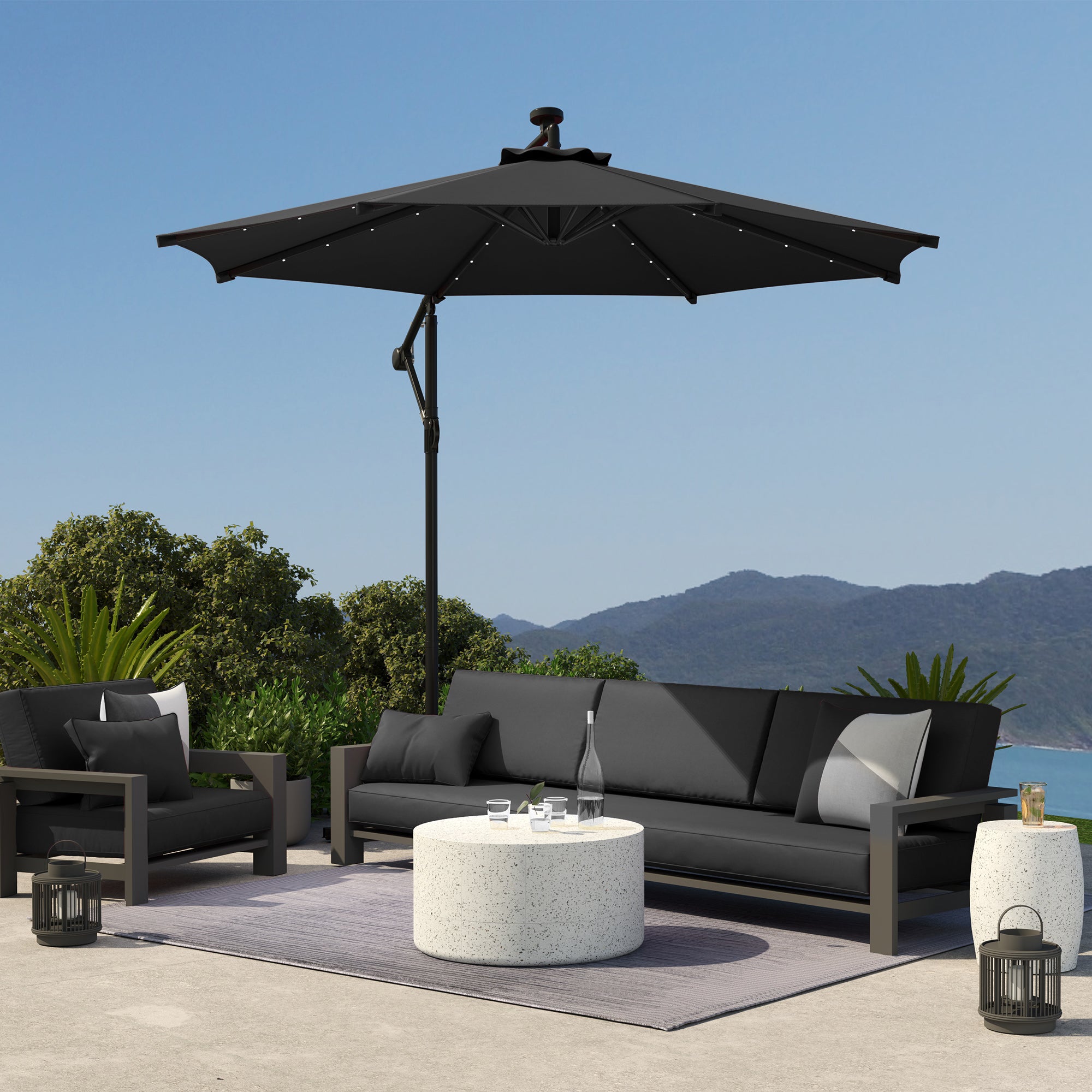 10ft Outdoor Cantilever Umbrella Banana Umbrella with Solar Lights and Adjustable Angle for Patio Backyard Black Offset Cantilever Umbrellas at Gallery Canada