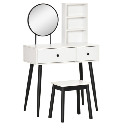 Vanity Set, Makeup Dressing Table Set with Stool, Wood Vanity Desk with Mirror, Storage Drawers and Shelf for Bedroom, White and Black