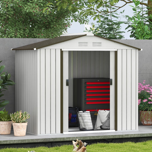 7' x 4' x 6' Garden Storage Shed Outdoor Patio Metal Tool Storage House w/ Foundation Kit and Double Doors Silver