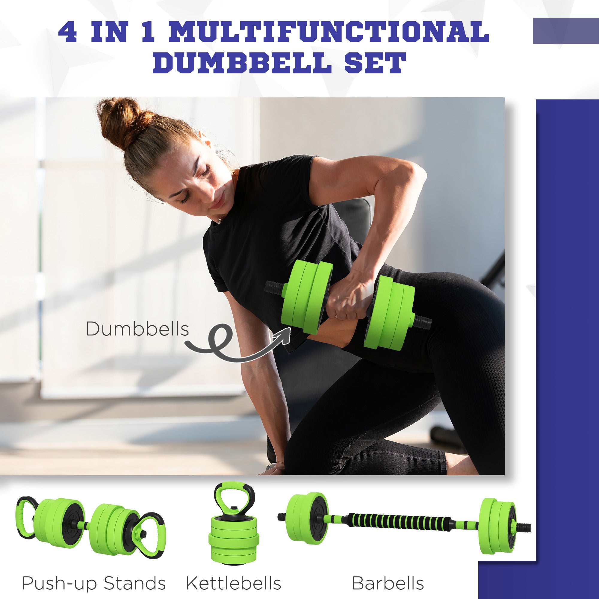 88lbs 4-in-1 Adjustable Weight Dumbbell Set, Barbell, Kettlebell, Push Up Stand, Green Dumbbells & Barbells at Gallery Canada