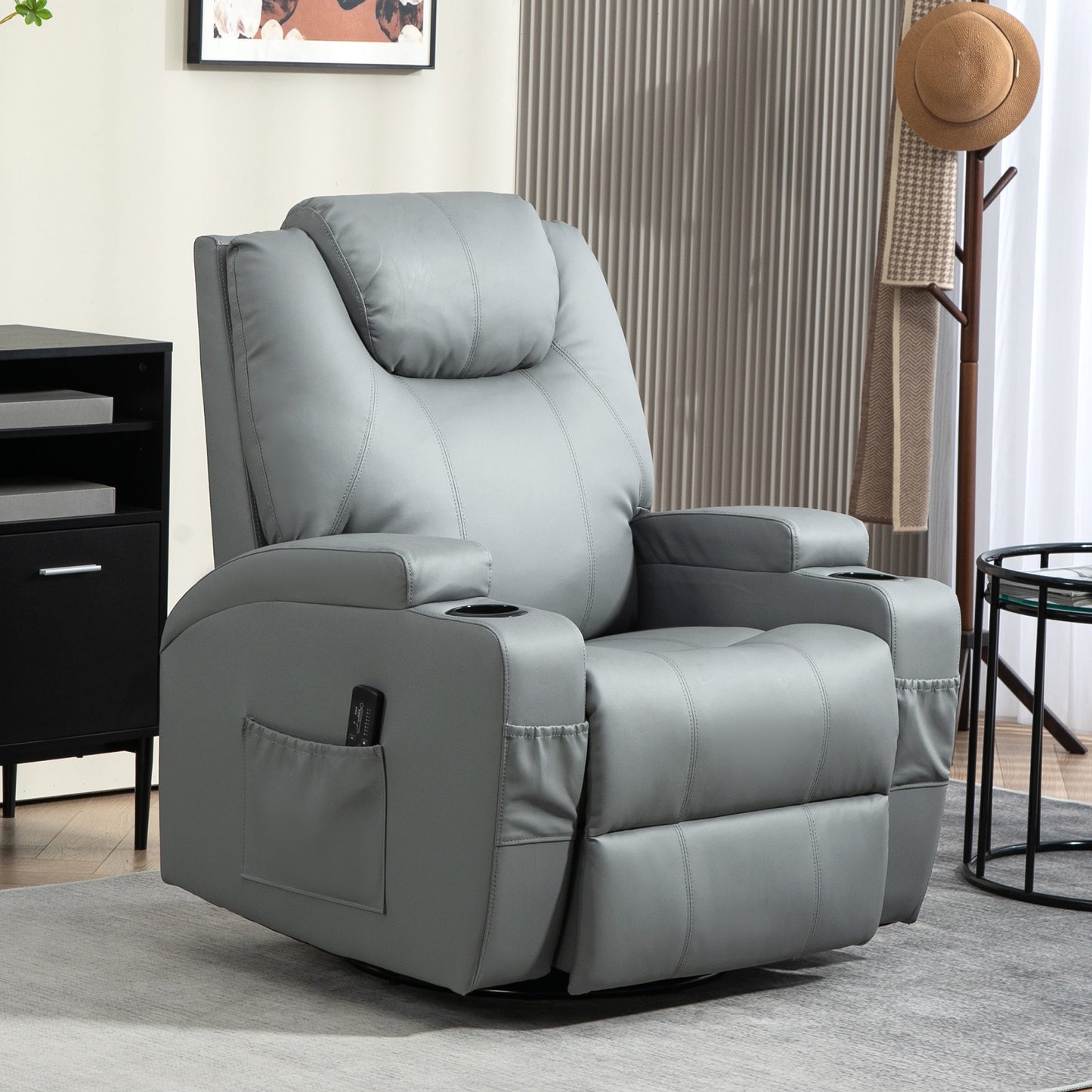 Massage Recliner Chair Leather Swivel Rocker Manual Reclining Chair with 8 Vibration Points, Cup Holders, Light Grey Single Sofas   at Gallery Canada