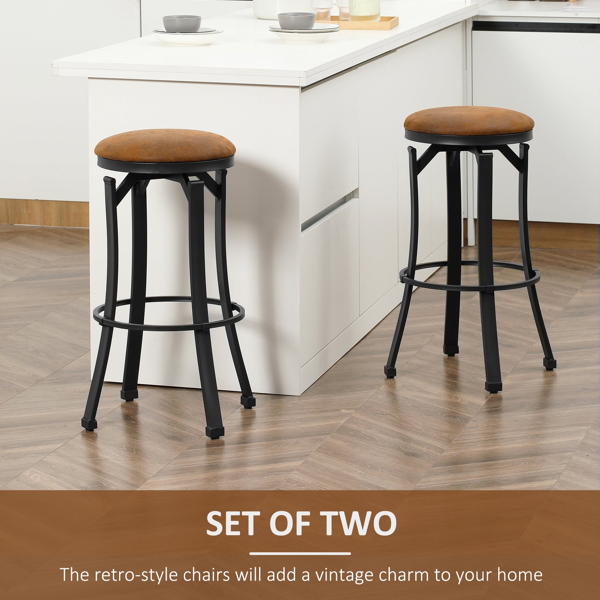 Vintage Swivel Bar Stools with Footrest, Microfiber Cloth, Steel Legs, Brown Bar Stools   at Gallery Canada