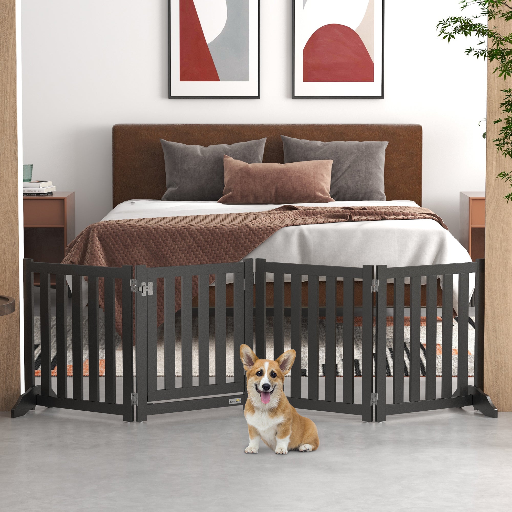 Foldable Dog Gate with Door, 4 Panels Fressstanding Pet Gate, Black Houses, Kennels & Pens   at Gallery Canada