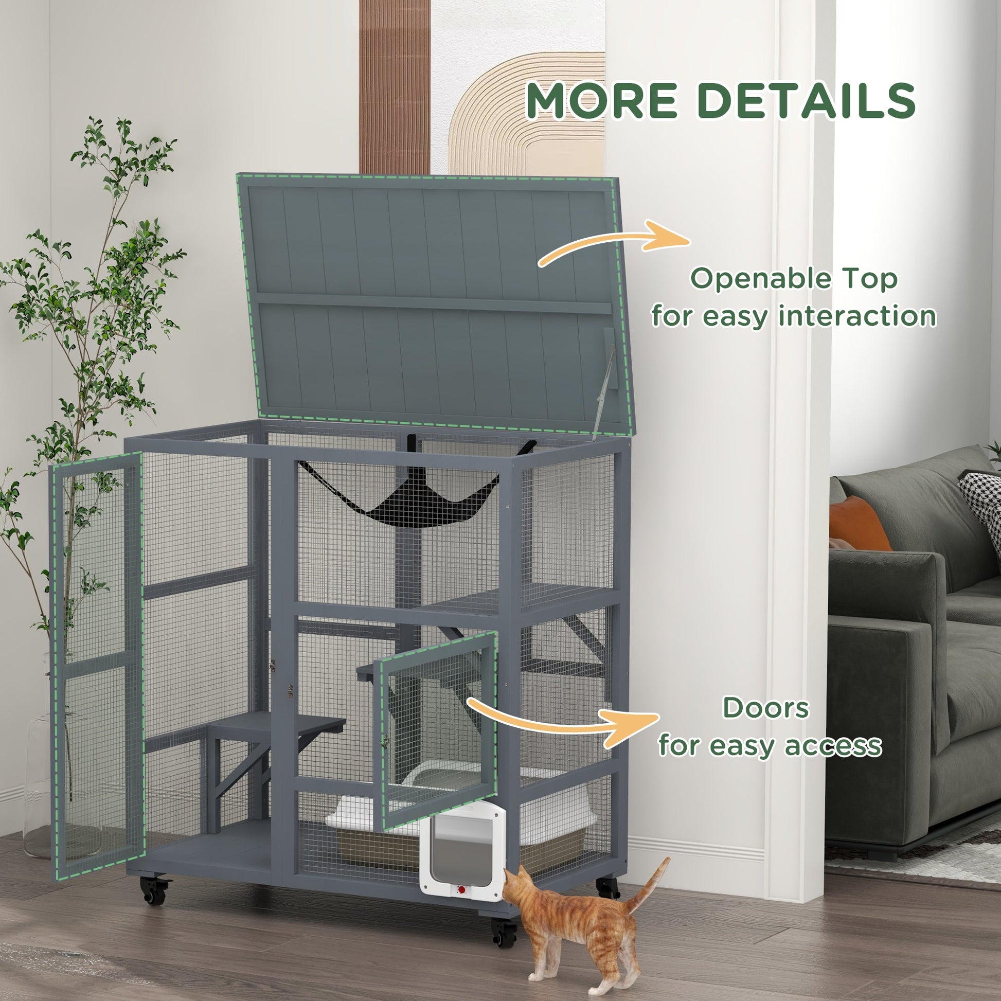 Cat Condo Wooden Indoor Cat House on Wheels with Cat Flap Door Platforms Hammock Openable Top for 2 Cats, Light Grey Outdoor Cat Enclosures   at Gallery Canada