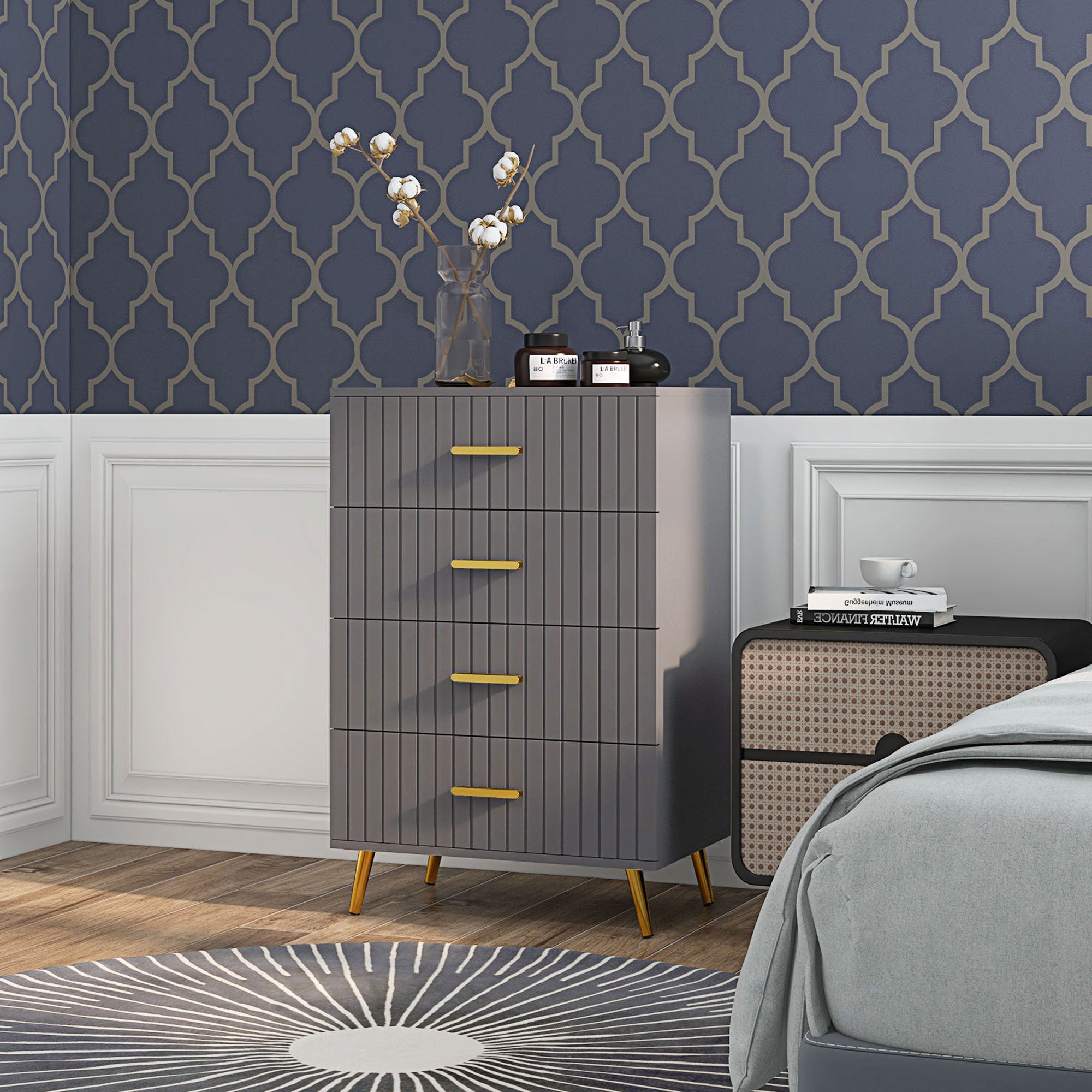 4 Drawer Cabinet, Drawer Chest for Bedroom, Chest of Drawers with Aluminium Legs and Gold Handles, Dark Grey Storage Cabinets Dark Grey  at Gallery Canada