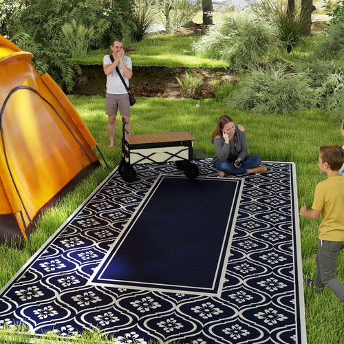 9' x 18' Outdoor RV Rug, Reversible Patio Floor Mat with Carry Bag, Gourd Border, Blue and White