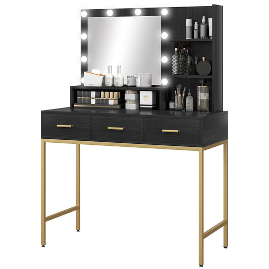 Illuminated Dressing Table, LED Vanity Table with Mirror, 3 Drawers and Storage Shelves for Bedroom, Black Dressing & Vanity Tables   at Gallery Canada